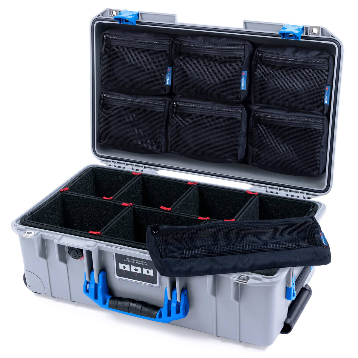 Pelican 1535 Air Case, Silver with Blue Handles &amp; Latches TrekPak Divider System with 7-Piece Removable Mesh Pouches ColorCase 015350-0720-180-121