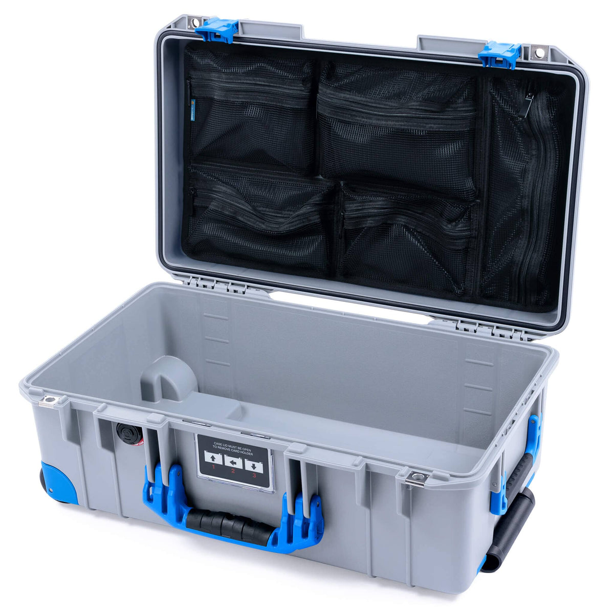 Pelican 1535 Air Case, Silver with Blue Handles, Latches &amp; Trolley Mesh Lid Organizer Only ColorCase 015350-0100-180-121-120