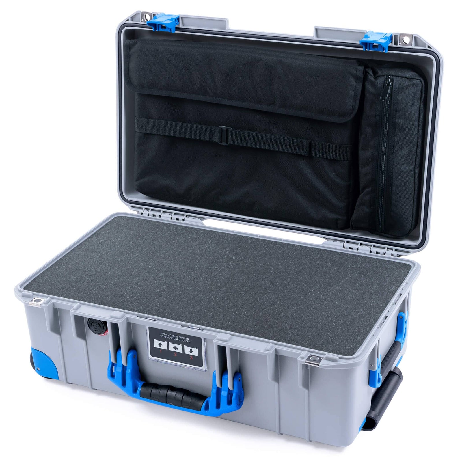Pelican 1535 Air Case, Silver with Blue Handles, Latches & Trolley Pick & Pluck Foam with Laptop Computer Lid Pouch ColorCase 015350-0201-180-121-120