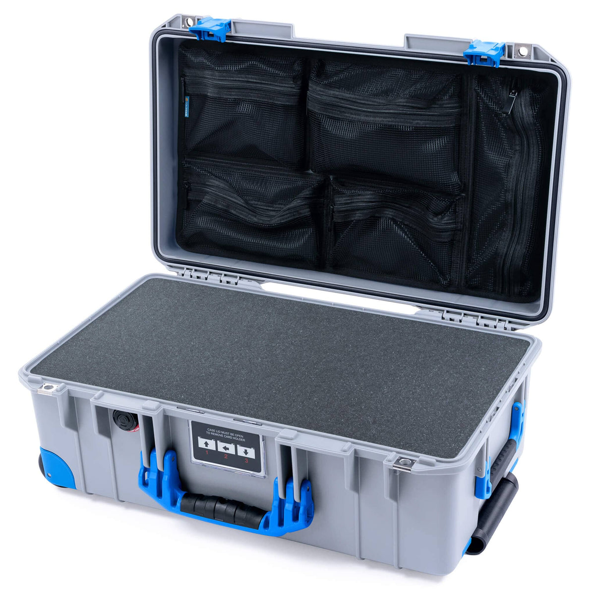 Pelican 1535 Air Case, Silver with Blue Handles, Latches &amp; Trolley Pick &amp; Pluck Foam with Mesh Lid Organizer ColorCase 015350-0101-180-121-120