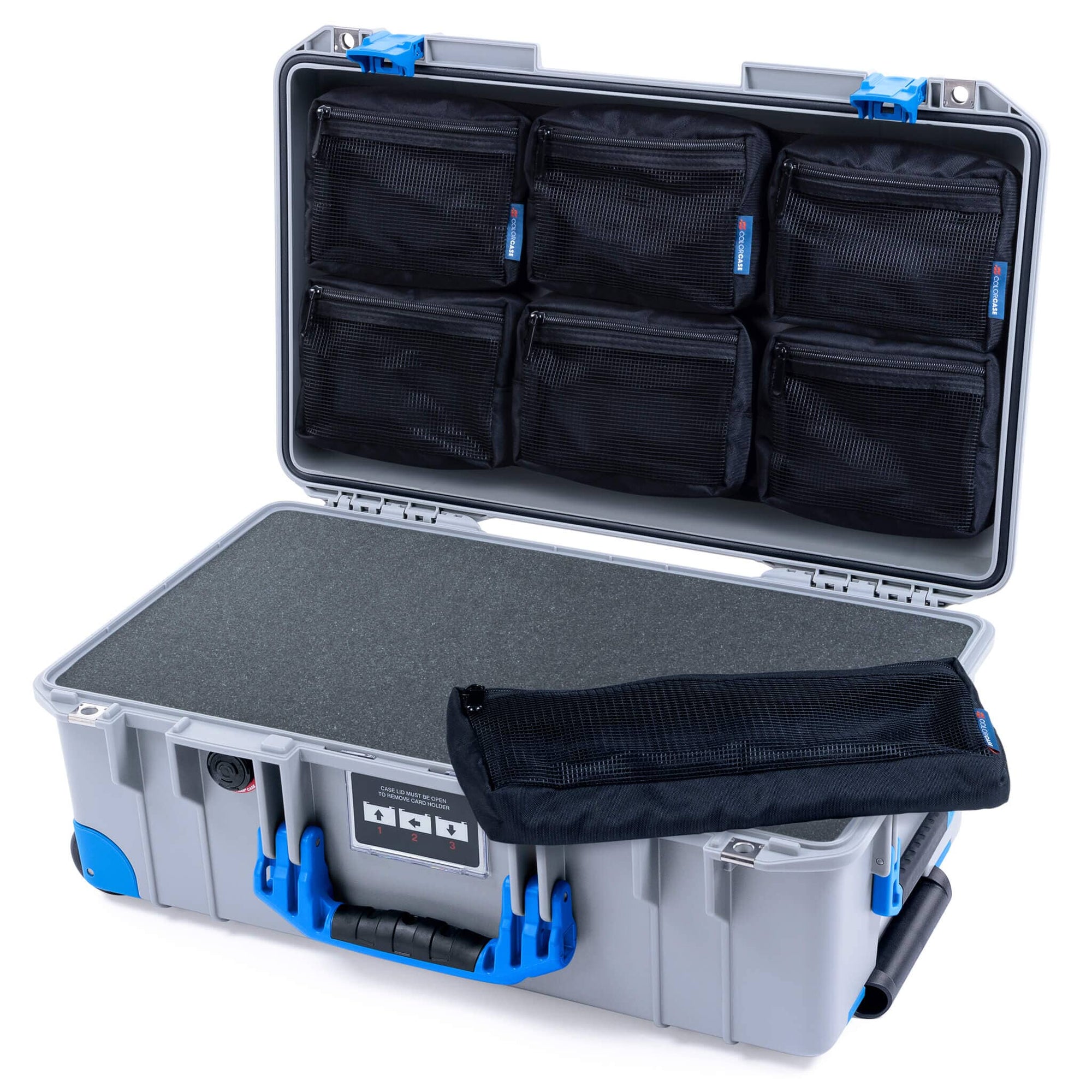 Pelican 1535 Air Case, Silver with Blue Handles, Latches & Trolley Pick & Pluck Foam with 7-Piece Removable Mesh Pouches ColorCase 015350-0701-180-121-120