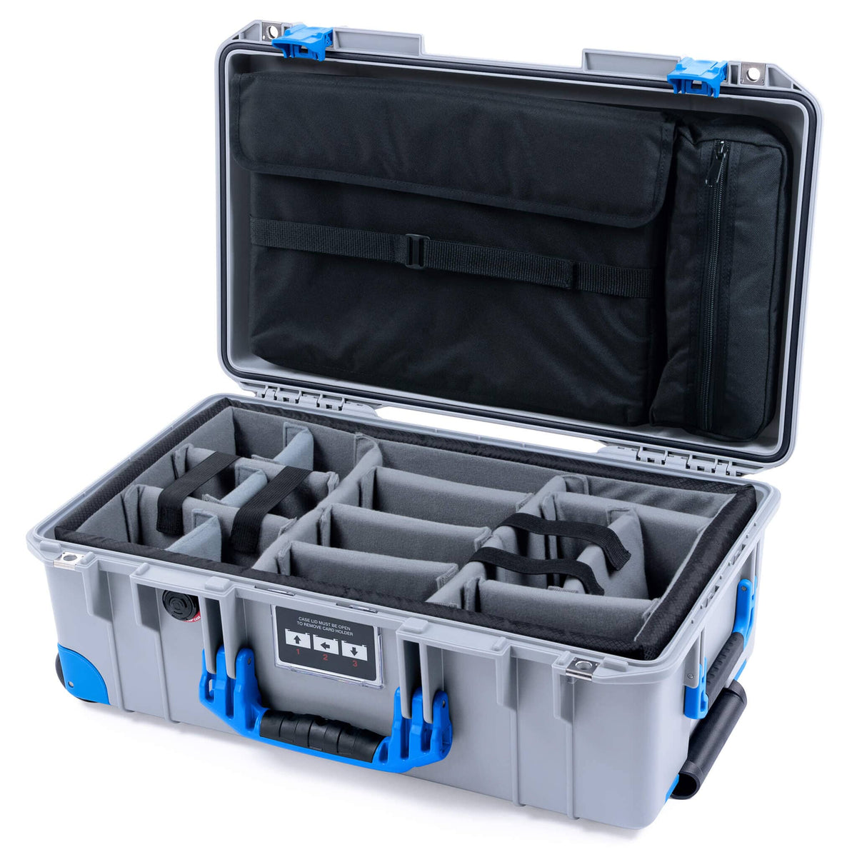 Pelican 1535 Air Case, Silver with Blue Handles, Latches &amp; Trolley Gray Padded Microfiber Dividers with Laptop Computer Lid Pouch ColorCase 015350-0270-180-121-120