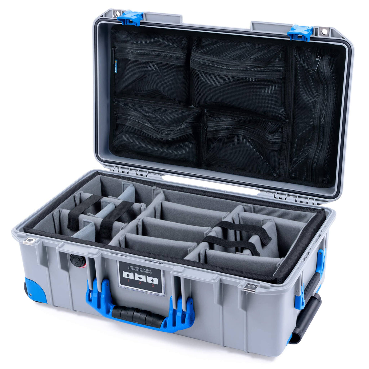 Pelican 1535 Air Case, Silver with Blue Handles, Latches &amp; Trolley Gray Padded Microfiber Dividers with Mesh Lid Organizer ColorCase 015350-0170-180-121-120