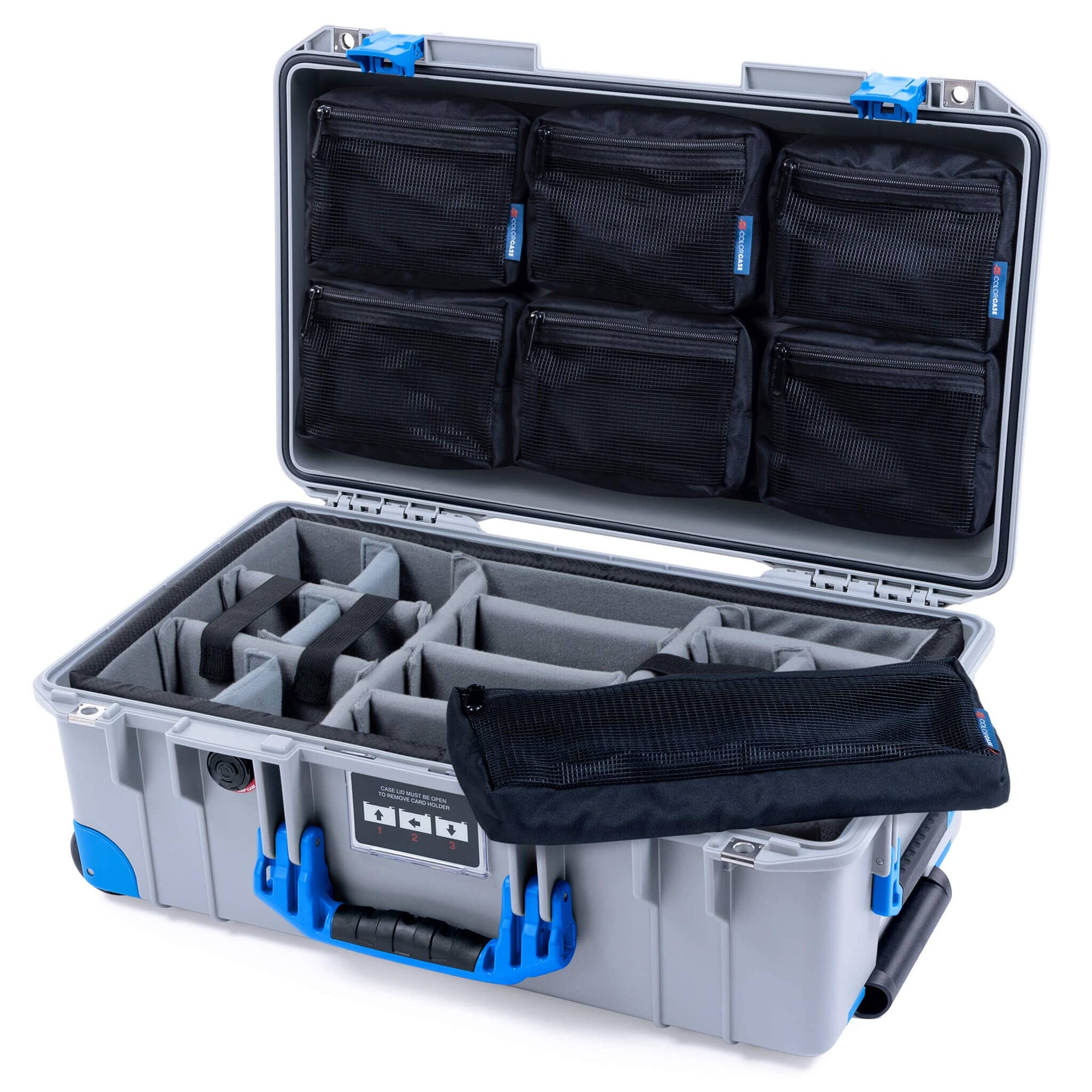 Pelican 1535 Air Case, Silver with Blue Handles, Latches & Trolley Gray Padded Microfiber Dividers with 7-Piece Removable Mesh Pouches ColorCase 015350-0770-180-121-120