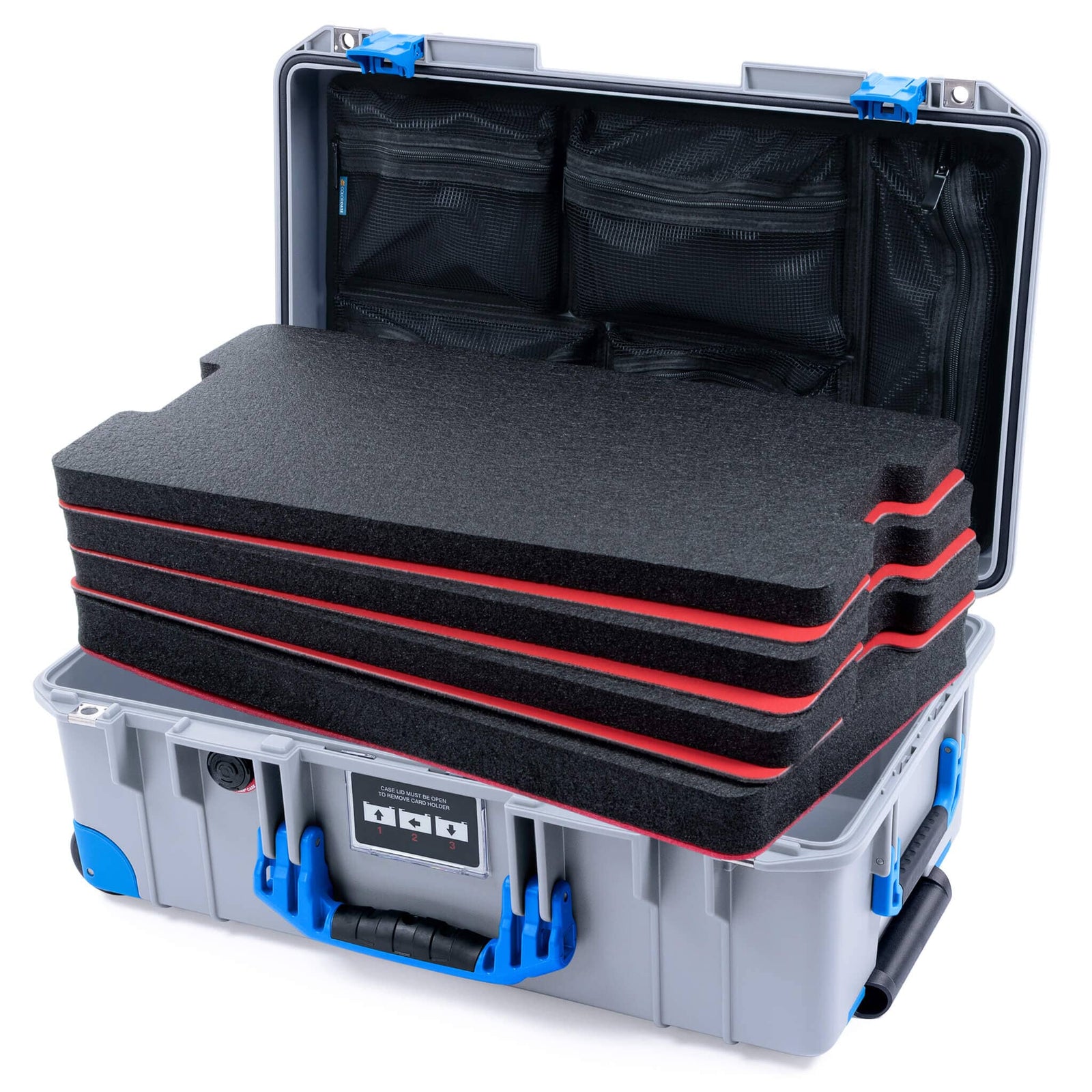 Pelican 1535 Air Case, Silver with Blue Handles, Latches & Trolley Custom Tool Kit (4 Foam Inserts with Mesh Lid Organizer) ColorCase 015350-0160-180-121-120