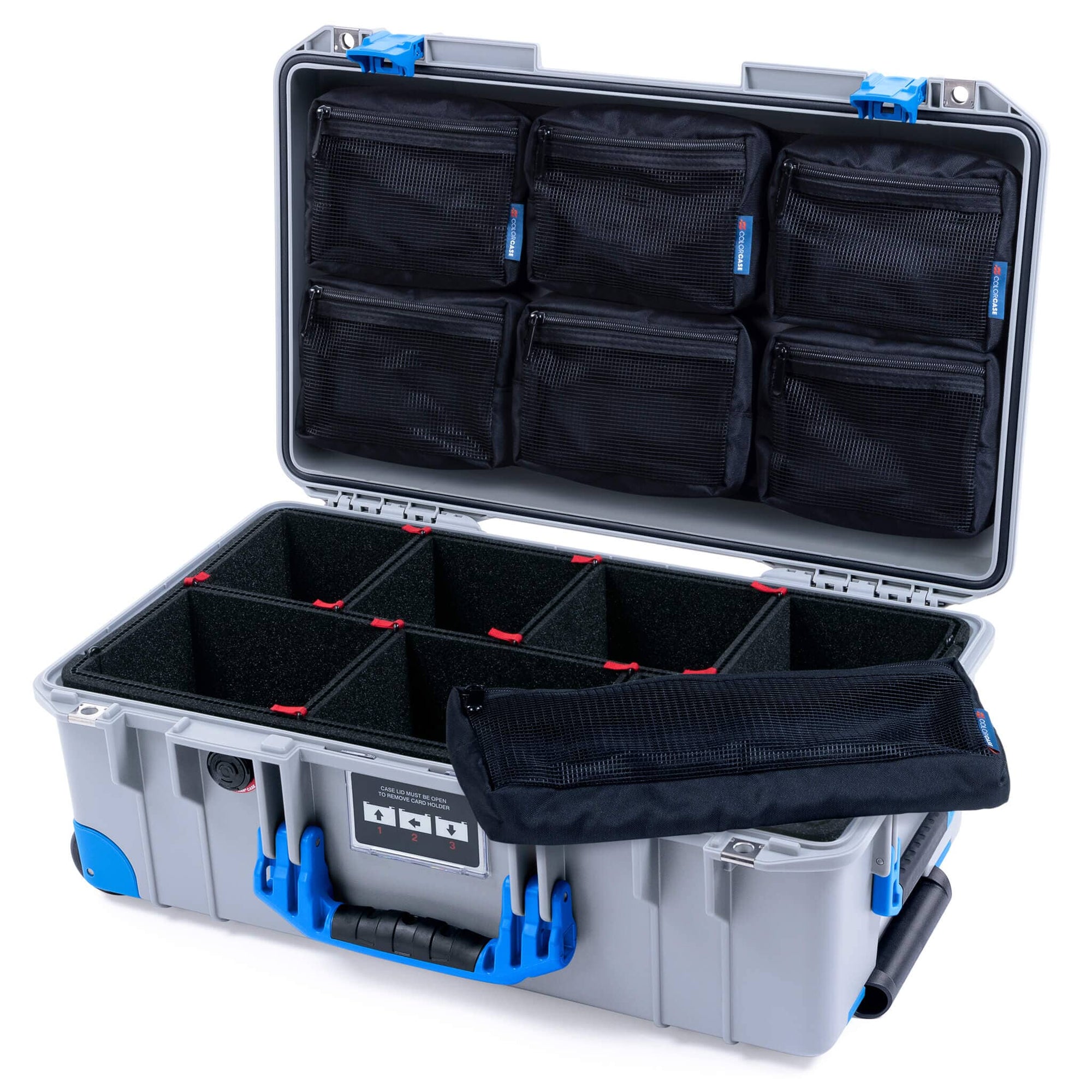 Pelican 1535 Air Case, Silver with Blue Handles, Latches & Trolley TrekPak Divider System with 7-Piece Removable Mesh Pouches ColorCase 015350-0720-180-121-120