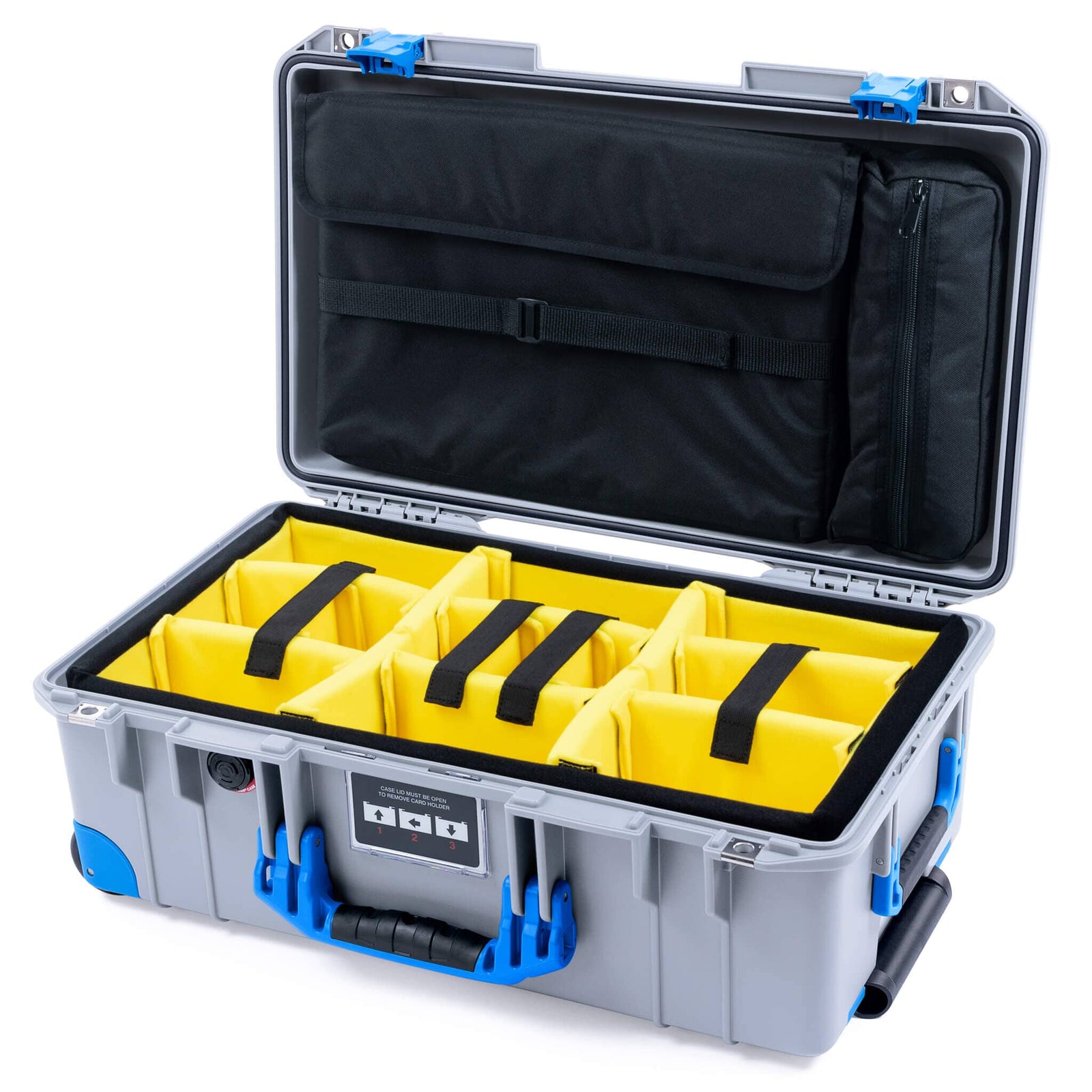 Pelican 1535 Air Case, Silver with Blue Handles, Latches & Trolley Yellow Padded Microfiber Dividers with Laptop Computer Lid Pouch ColorCase 015350-0210-180-121-120