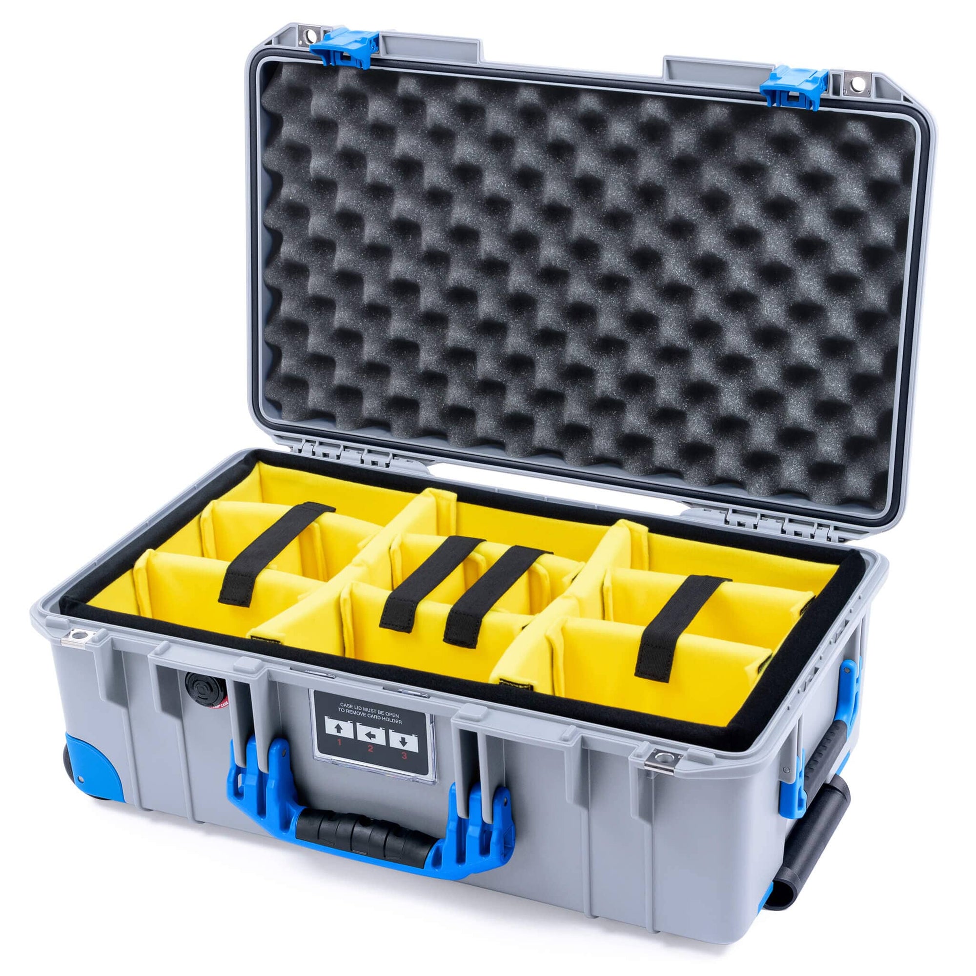 Pelican 1535 Air Case, Silver with Blue Handles, Latches & Trolley Yellow Padded Microfiber Dividers with Convoluted Lid Foam ColorCase 015350-0010-180-121-120