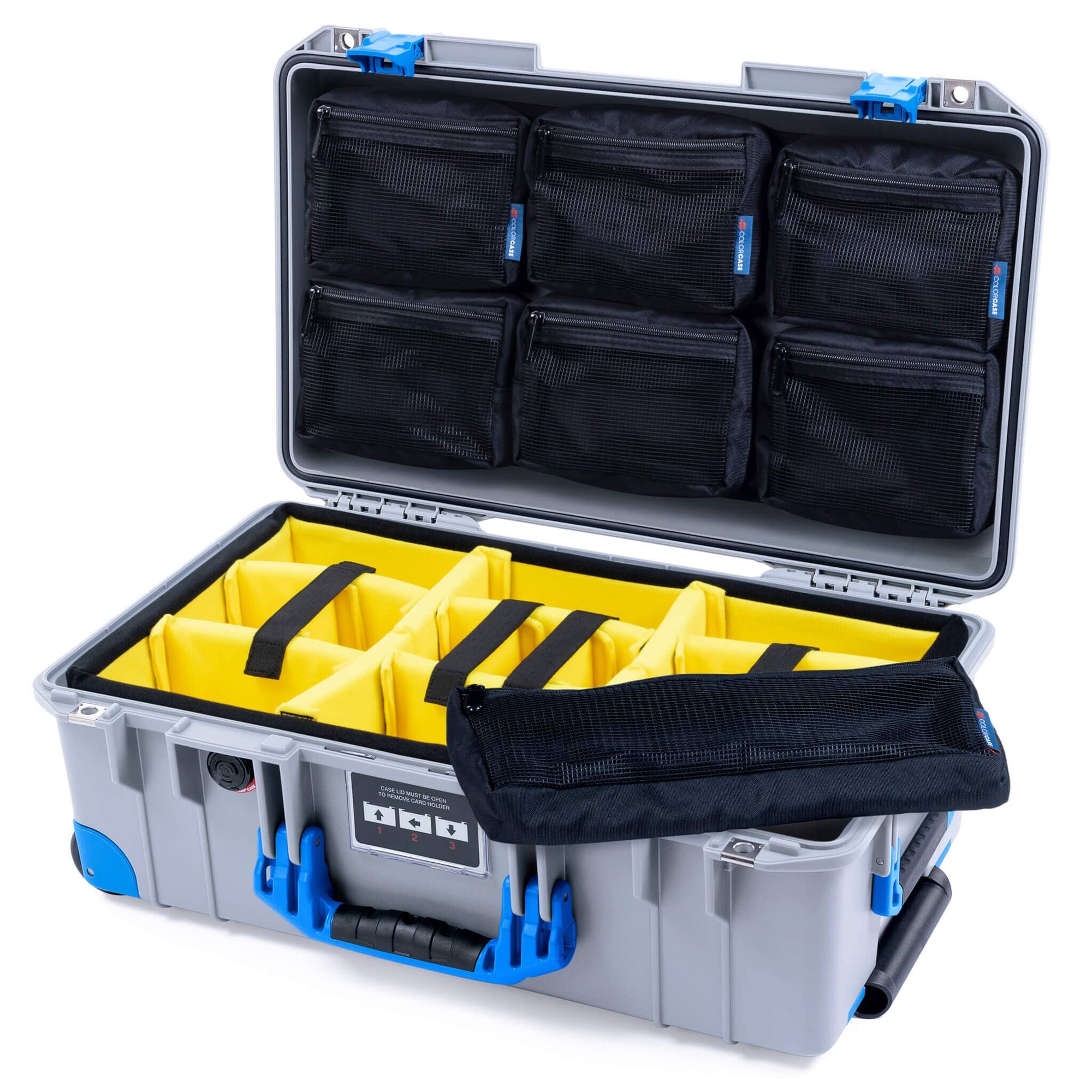 Pelican 1535 Air Case, Silver with Blue Handles, Latches & Trolley Yellow Padded Microfiber Dividers with 7-Piece Removable Mesh Pouches ColorCase 015350-0710-180-121-120