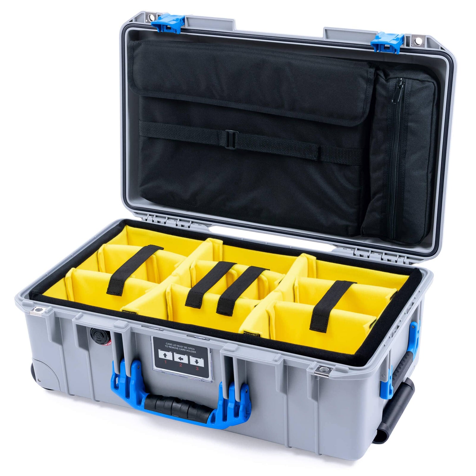 Pelican 1535 Air Case, Silver with Blue Handles & Latches Yellow Padded Microfiber Dividers with Laptop Computer Lid Pouch ColorCase 015350-0210-180-121