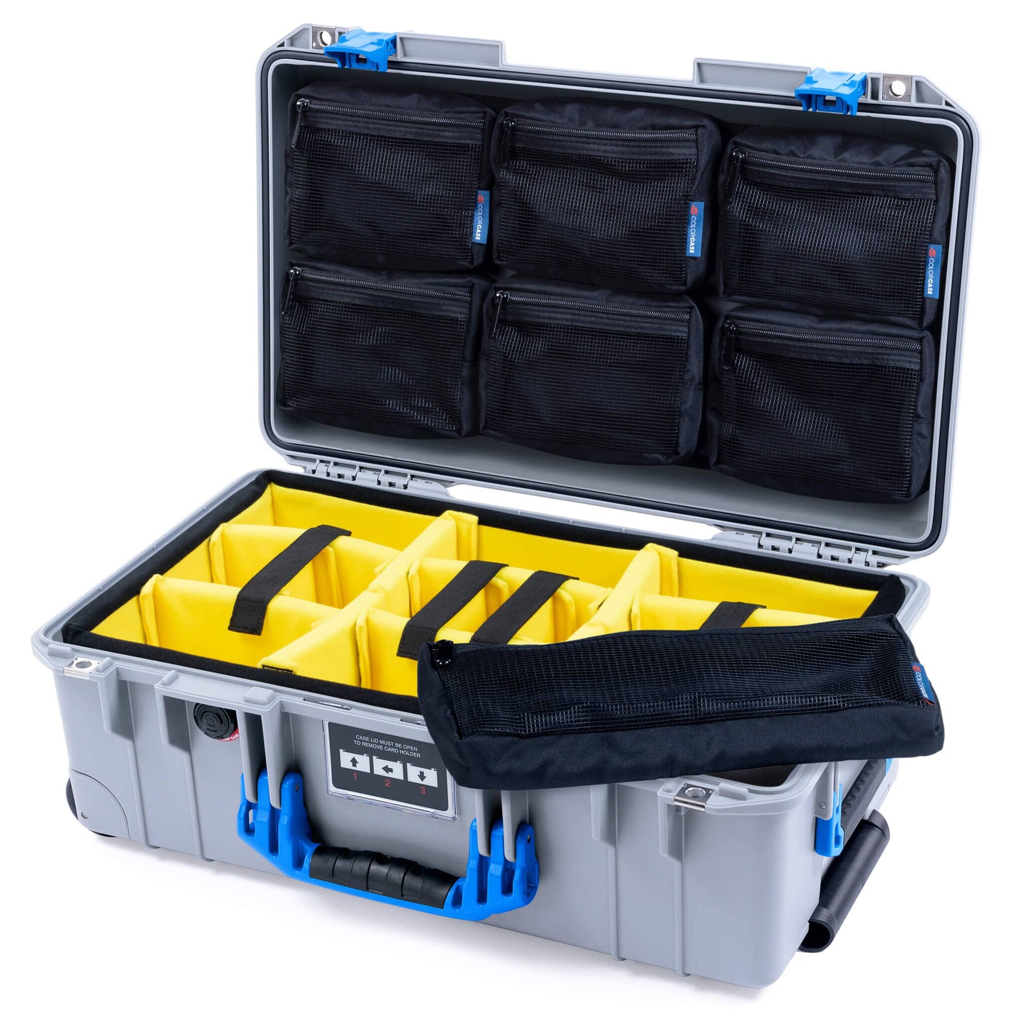 Pelican 1535 Air Case, Silver with Blue Handles & Latches Yellow Padded Microfiber Dividers with 7-Piece Removable Mesh Pouches ColorCase 015350-0710-180-121
