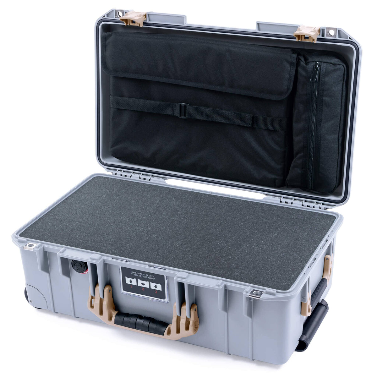 Pelican 1535 Air Case, Silver with Desert Tan Handles &amp; Latches Pick &amp; Pluck Foam with Laptop Computer Lid Pouch ColorCase 015350-0201-180-311