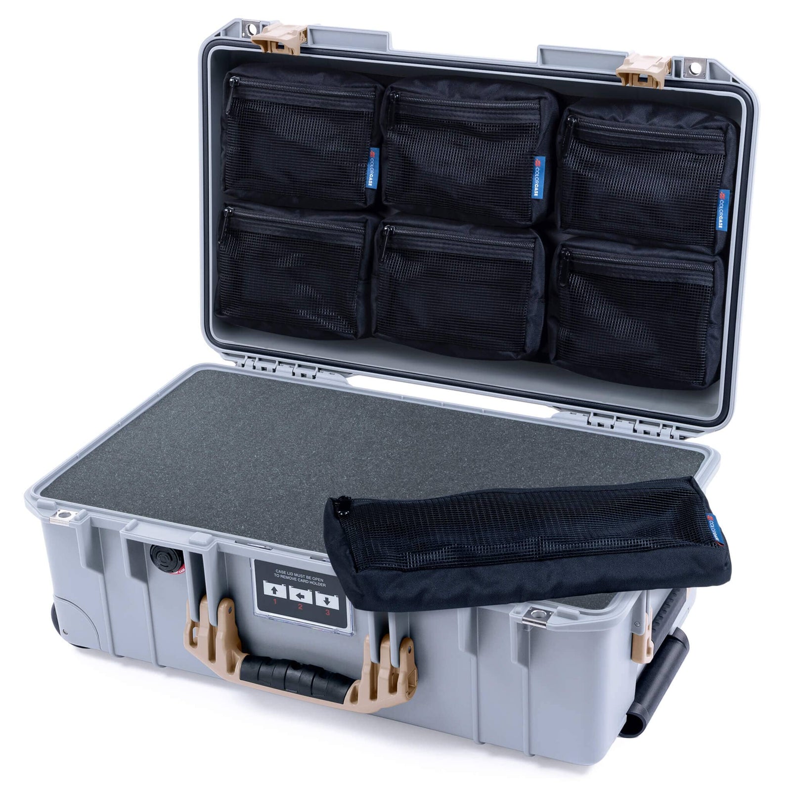 Pelican 1535 Air Case, Silver with Desert Tan Handles & Latches Pick & Pluck Foam with 7-Piece Removable Mesh Pouches ColorCase 015350-0701-180-311