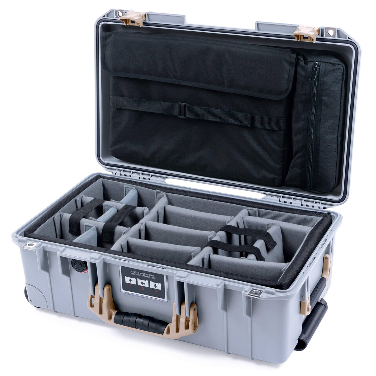 Pelican 1535 Air Case, Silver with Desert Tan Handles &amp; Latches Gray Padded Microfiber Dividers with Laptop Computer Lid Pouch ColorCase 015350-0270-180-311