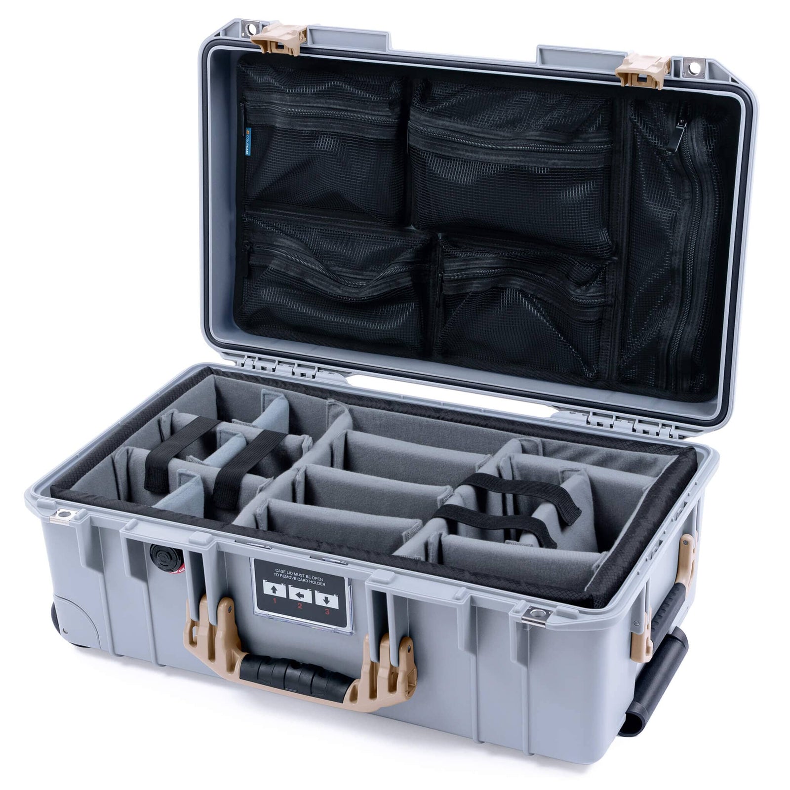 Pelican 1535 Air Case, Silver with Desert Tan Handles & Latches Gray Padded Microfiber Dividers with Mesh Lid Organizer ColorCase 015350-0170-180-311