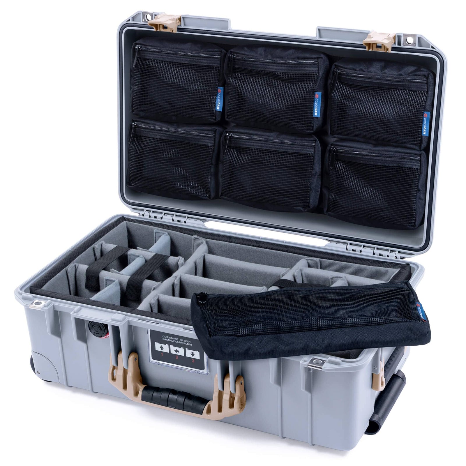 Pelican 1535 Air Case, Silver with Desert Tan Handles & Latches Gray Padded Microfiber Dividers with 7-Piece Removable Mesh Pouches ColorCase 015350-0770-180-311