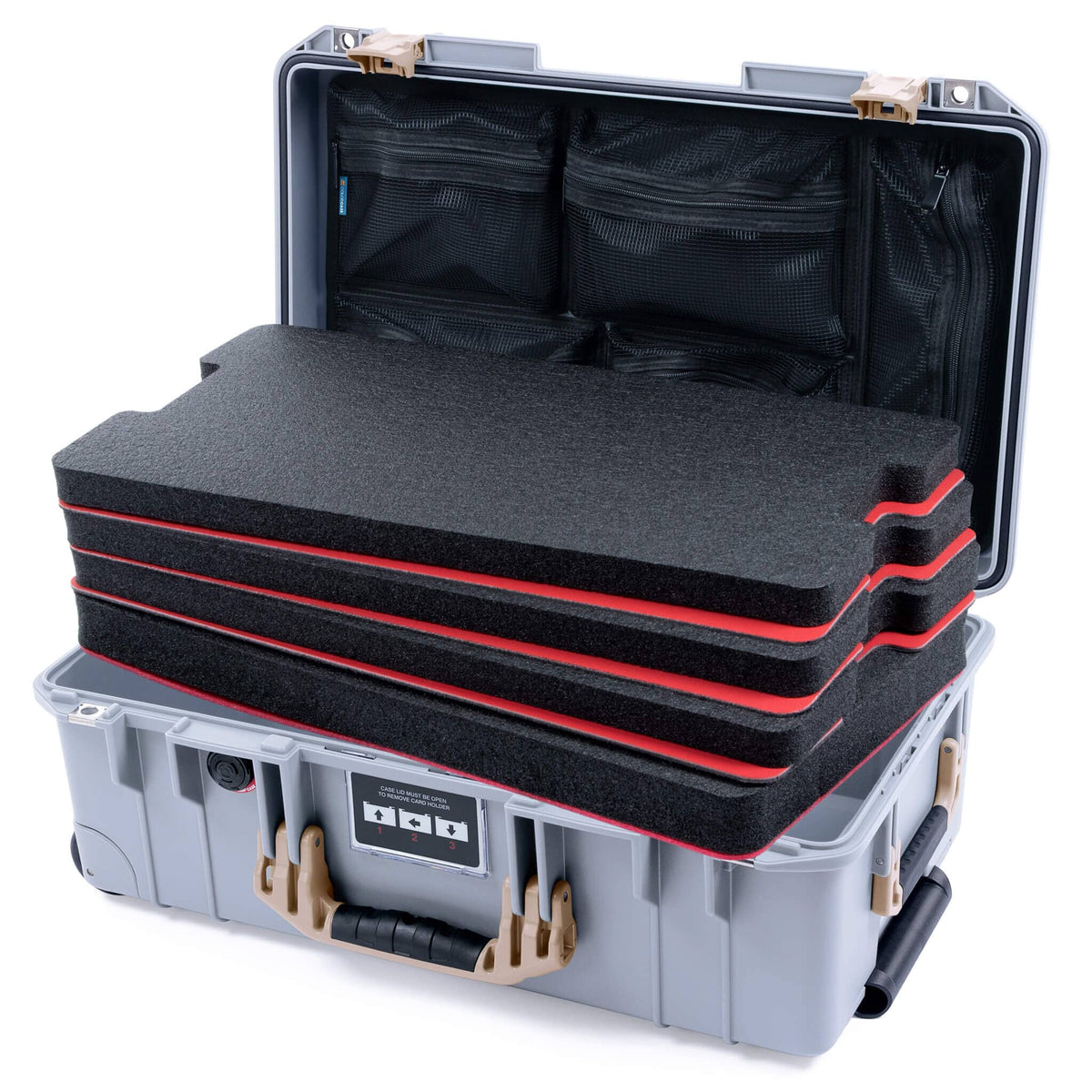 Pelican 1535 Air Case, Silver with Desert Tan Handles &amp; Latches Custom Tool Kit (4 Foam Inserts with Mesh Lid Organizer) ColorCase 015350-0160-180-311
