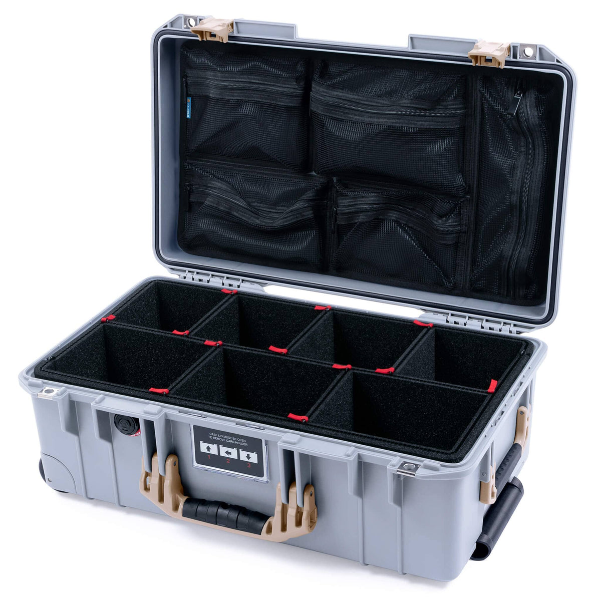 Pelican 1535 Air Case, Silver with Desert Tan Handles &amp; Latches TrekPak Divider System with Mesh Lid Organizer ColorCase 015350-0120-180-311
