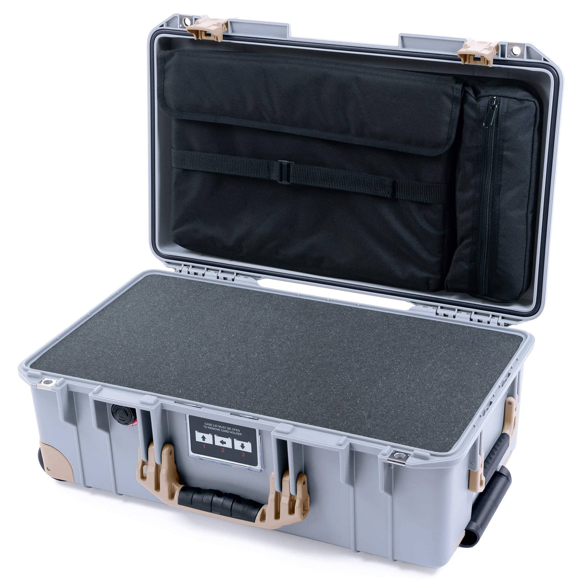 Pelican 1535 Air Case, Silver with Desert Tan Handles, Latches &amp; Trolley Pick &amp; Pluck Foam with Laptop Computer Lid Pouch ColorCase 015350-0201-180-311-310