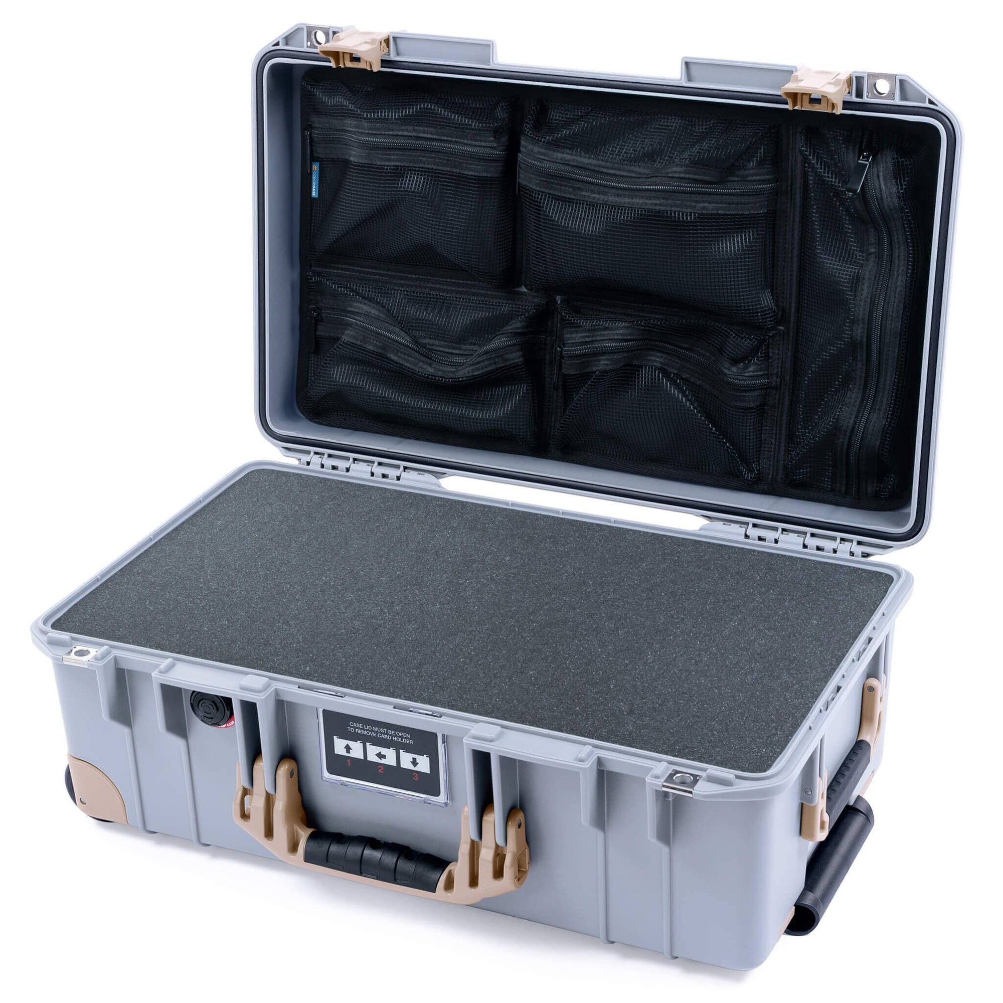 Pelican 1535 Air Case, Silver with Desert Tan Handles, Latches & Trolley Pick & Pluck Foam with Mesh Lid Organizer ColorCase 015350-0101-180-311-310