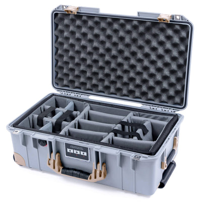 Pelican 1535 Air Case, Silver with Desert Tan Handles, Latches & Trolley Gray Padded Microfiber Dividers with Convoluted Lid Foam ColorCase 015350-0070-180-311-310