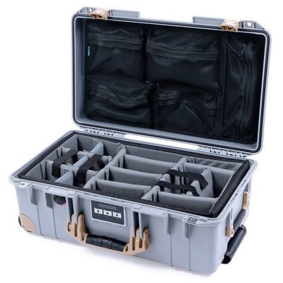 Pelican 1535 Air Case, Silver with Desert Tan Handles, Latches & Trolley Gray Padded Microfiber Dividers with Mesh Lid Organizer ColorCase 015350-0170-180-311-310