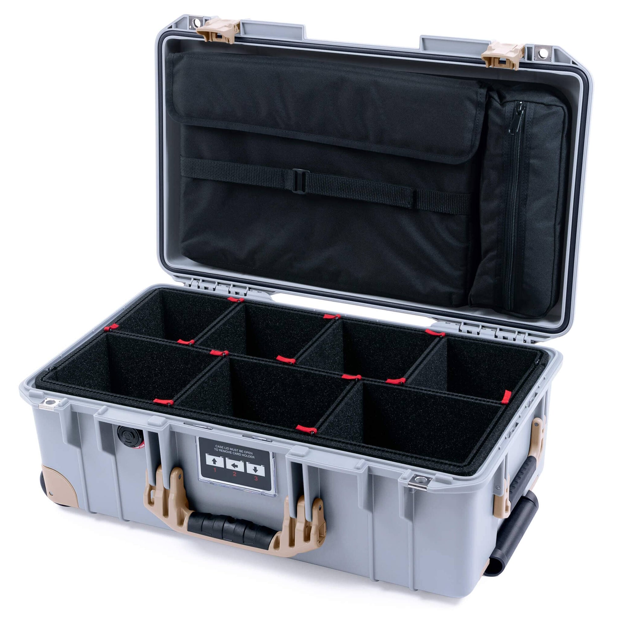 Pelican 1535 Air Case, Silver with Desert Tan Handles, Latches & Trolley TrekPak Divider System with Laptop Computer Lid Pouch ColorCase 015350-0220-180-311-310