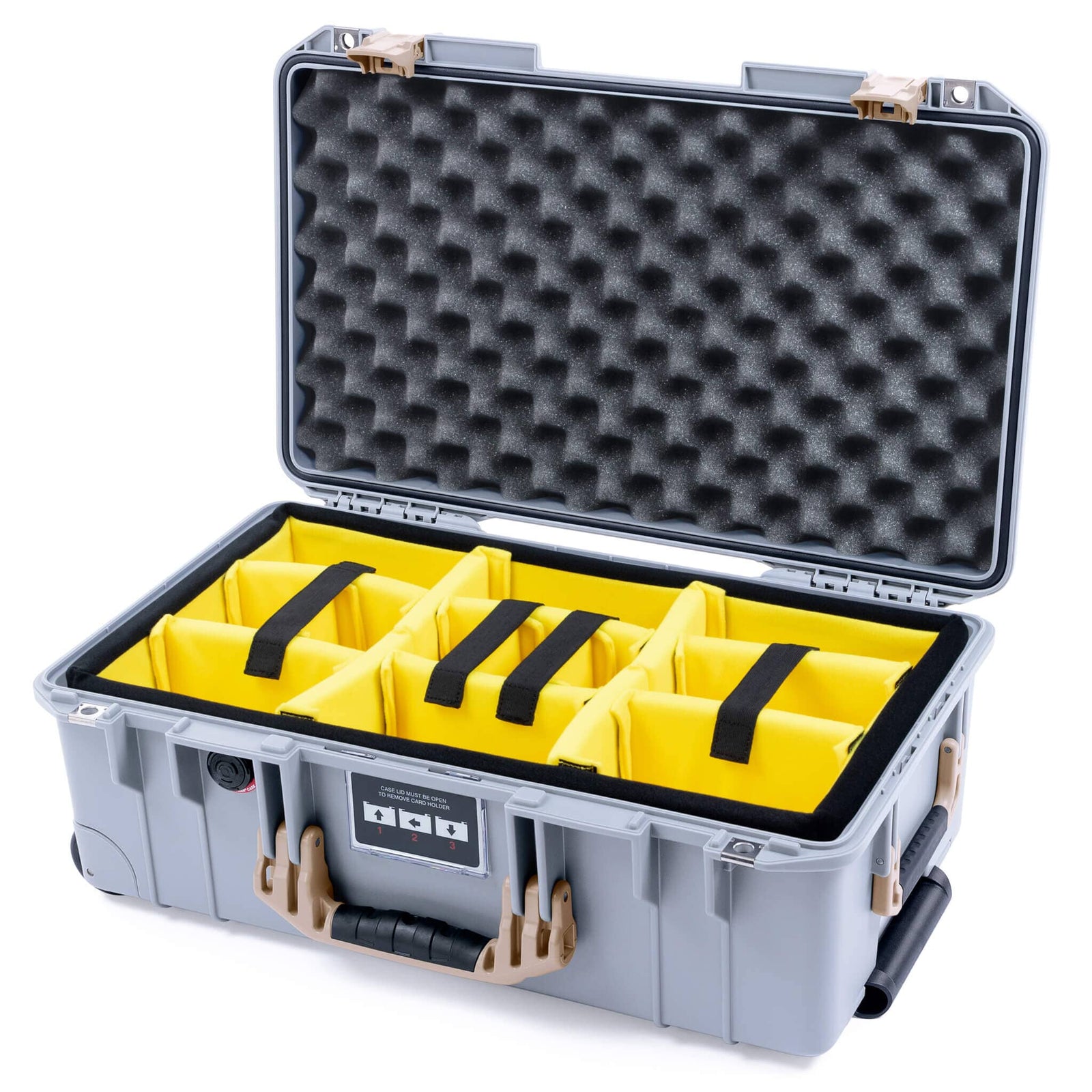 Pelican 1535 Air Case, Silver with Desert Tan Handles & Latches Yellow Padded Microfiber Dividers with Convoluted Lid Foam ColorCase 015350-0010-180-311