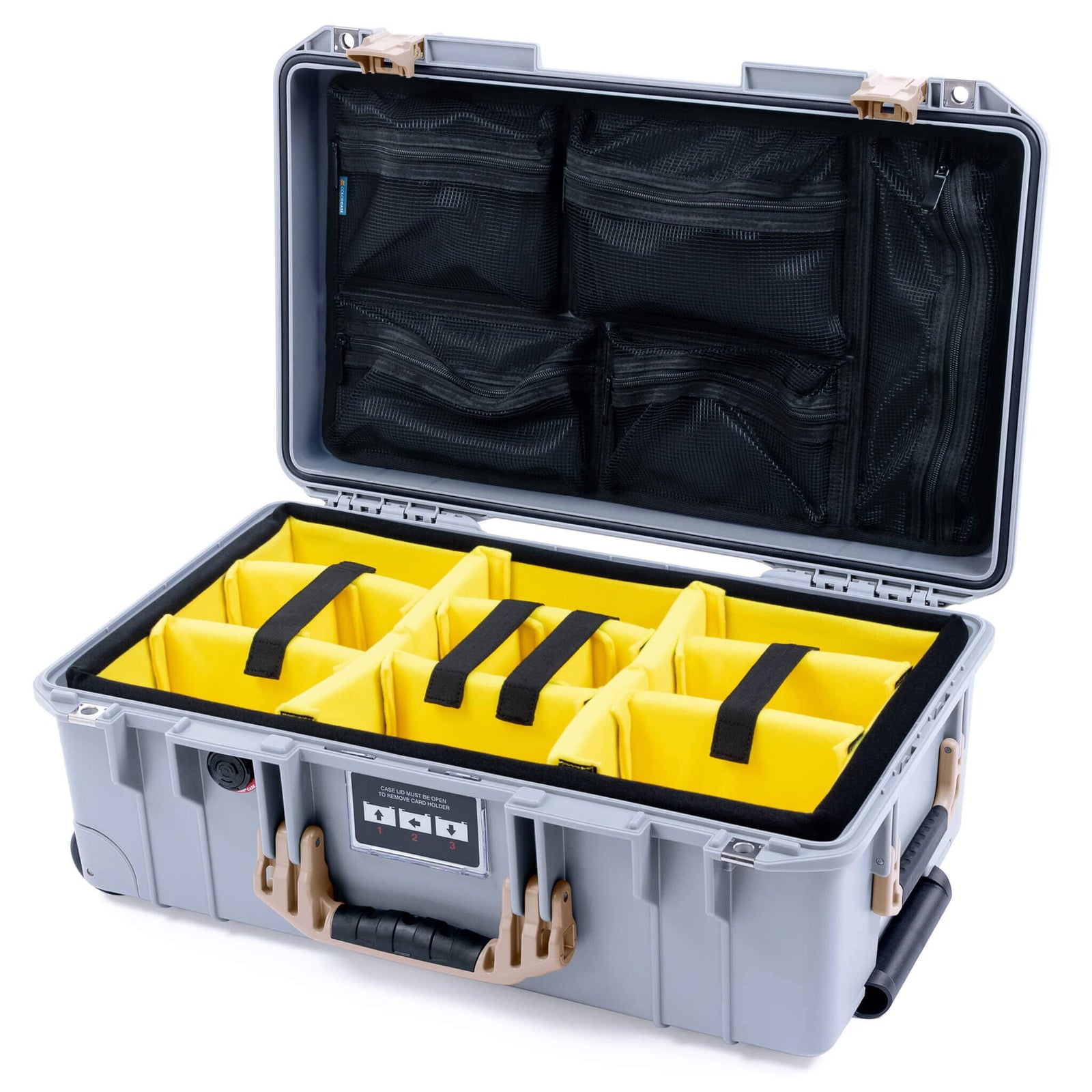Pelican 1535 Air Case, Silver with Desert Tan Handles & Latches Yellow Padded Microfiber Dividers with Mesh Lid Organizer ColorCase 015350-0110-180-311