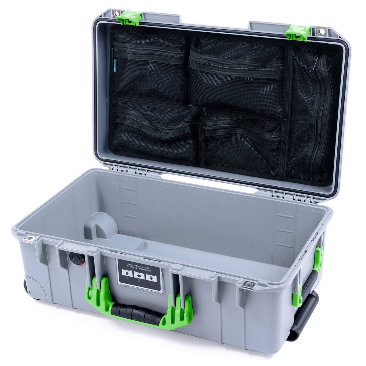 Pelican 1535 Air Case, Silver with Lime Green Handles &amp; Latches Mesh Lid Organizer Only ColorCase 015350-0100-180-301