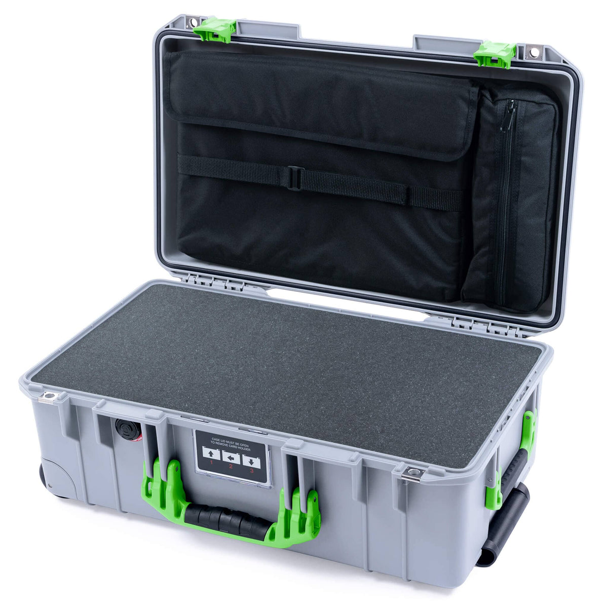 Pelican 1535 Air Case, Silver with Lime Green Handles &amp; Latches Pick &amp; Pluck Foam with Laptop Computer Lid Pouch ColorCase 015350-0201-180-301