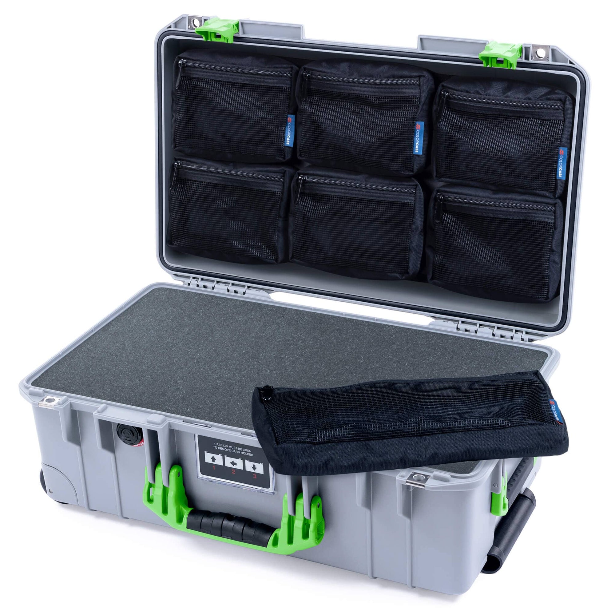 Pelican 1535 Air Case, Silver with Lime Green Handles & Latches Pick & Pluck Foam with 7-Piece Removable Mesh Pouches ColorCase 015350-0701-180-301