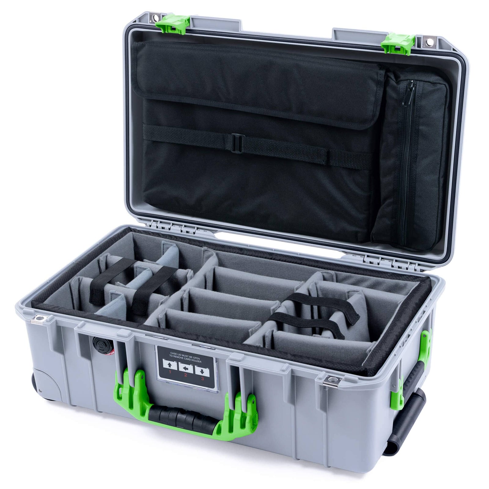 Pelican 1535 Air Case, Silver with Lime Green Handles & Latches Gray Padded Microfiber Dividers with Laptop Computer Lid Pouch ColorCase 015350-0270-180-301