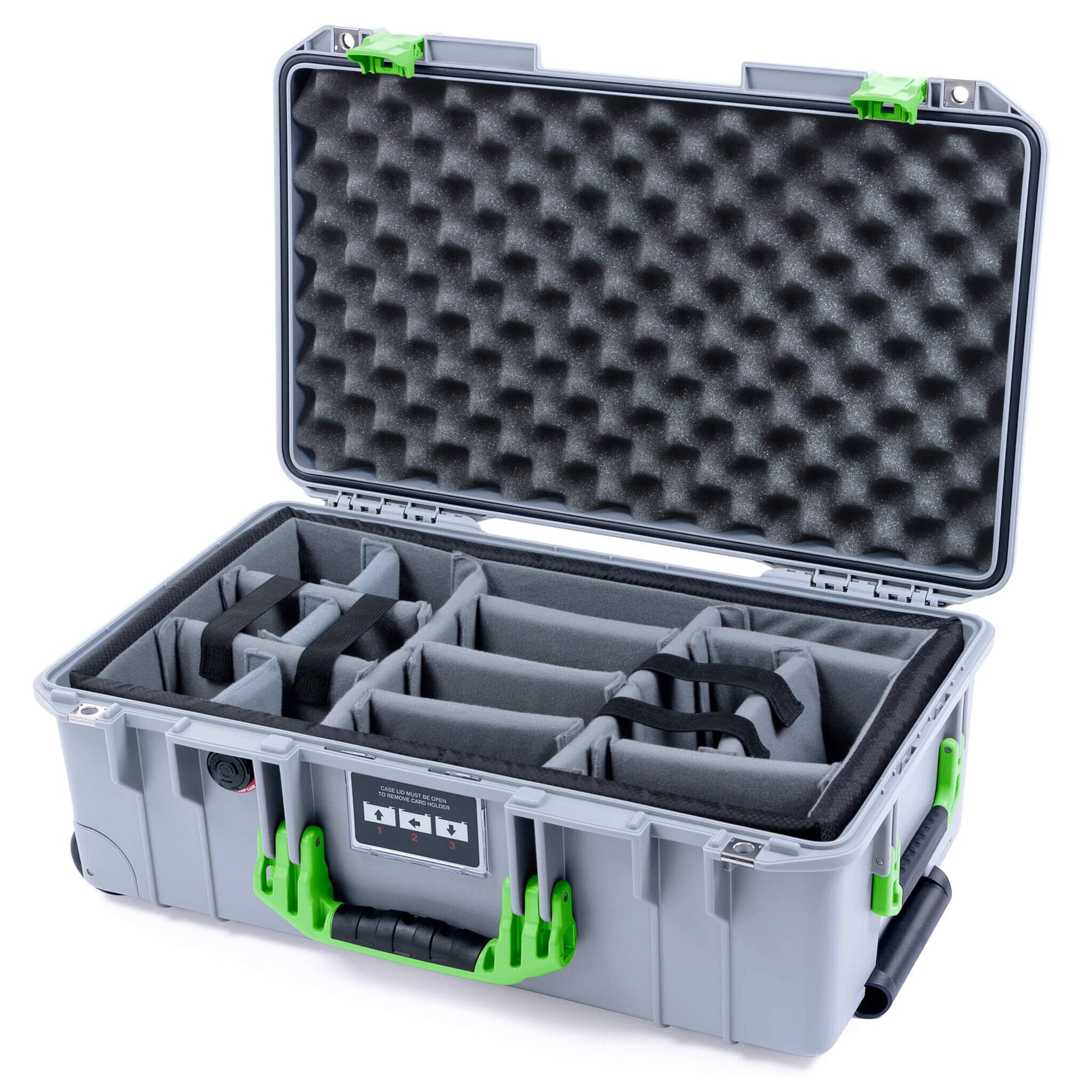 Pelican 1535 Air Case, Silver with Lime Green Handles & Latches Gray Padded Microfiber Dividers with Convoluted Lid Foam ColorCase 015350-0070-180-301