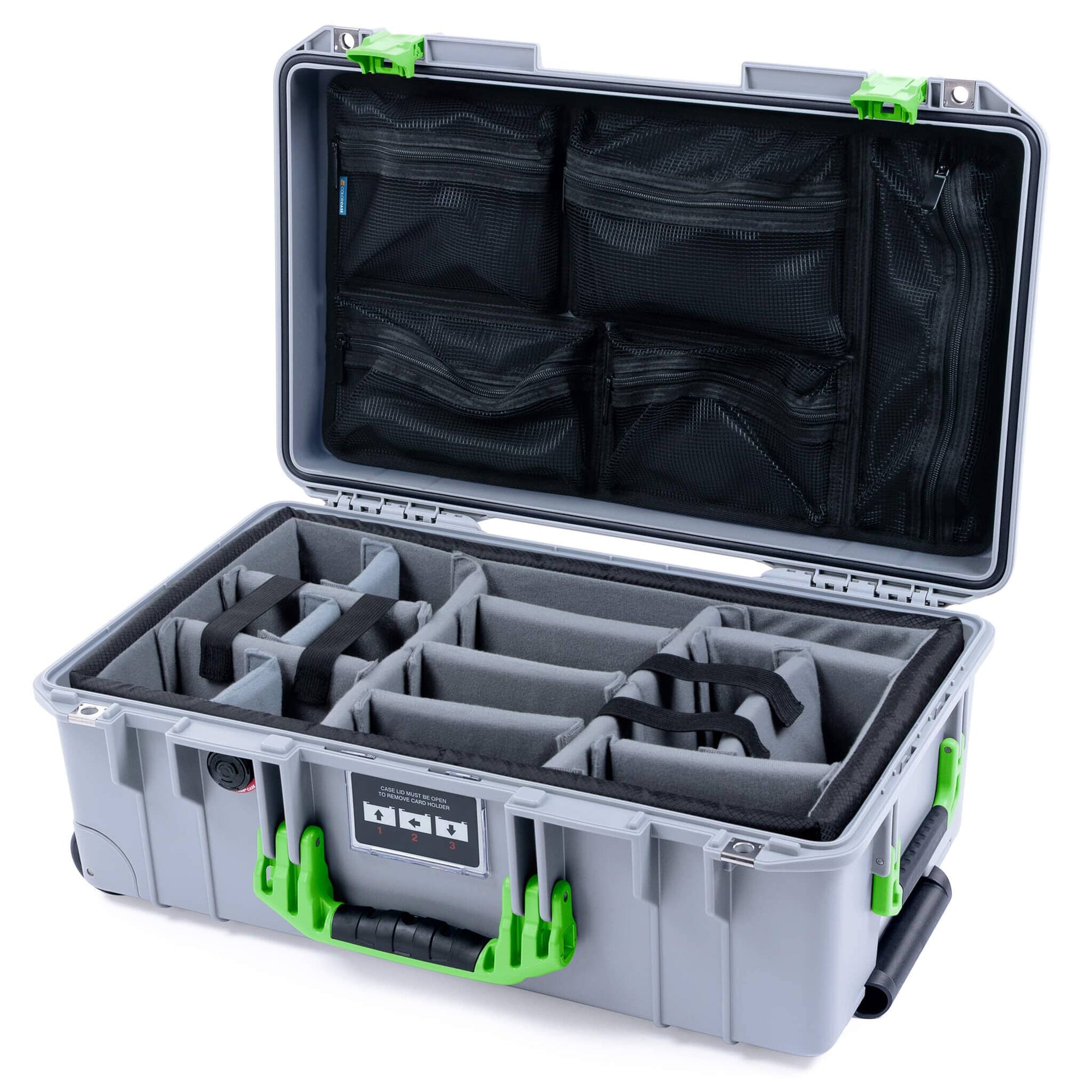Pelican 1535 Air Case, Silver with Lime Green Handles & Latches Gray Padded Microfiber Dividers with Mesh Lid Organizer ColorCase 015350-0170-180-301