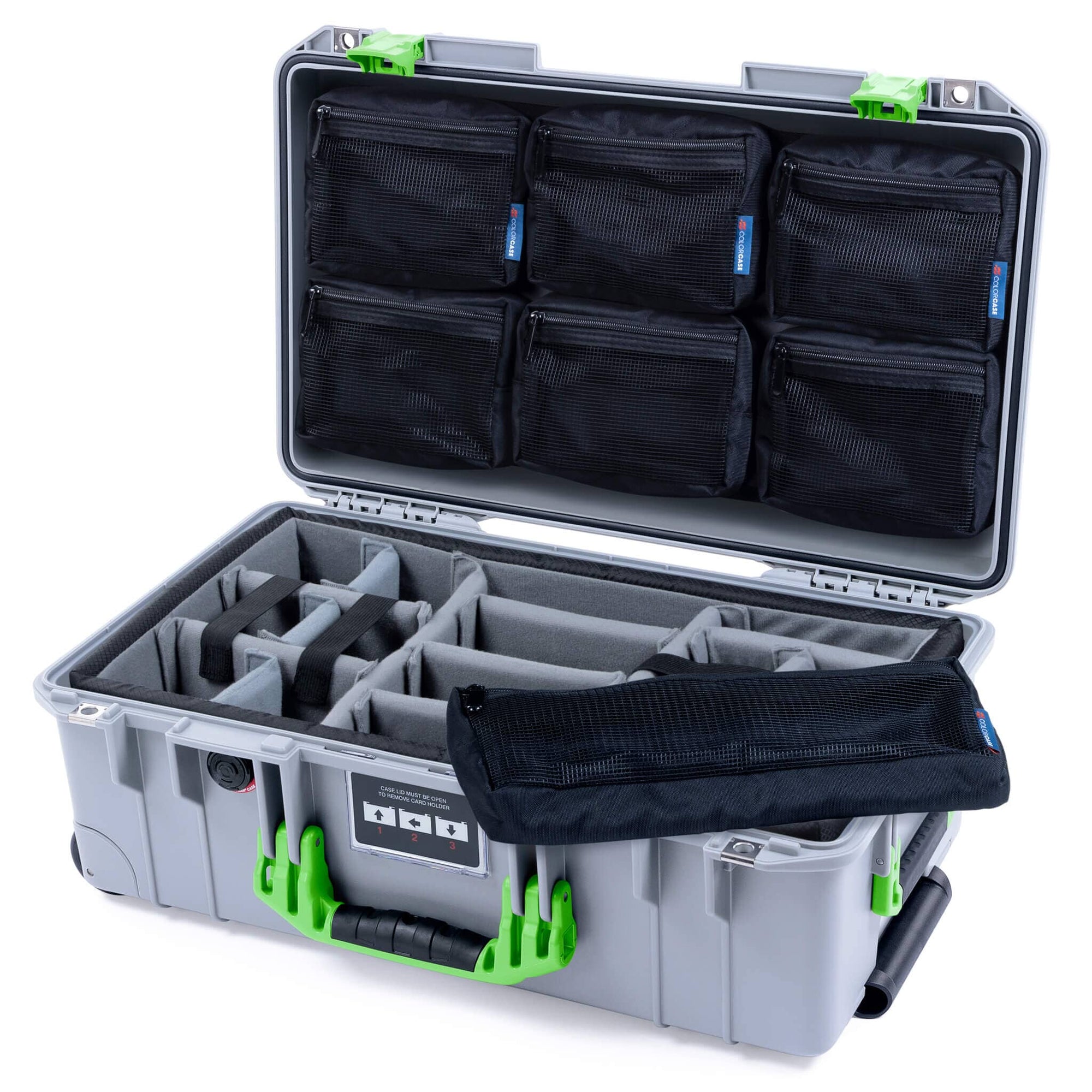 Pelican 1535 Air Case, Silver with Lime Green Handles & Latches Gray Padded Microfiber Dividers with 7-Piece Removable Mesh Pouches ColorCase 015350-0770-180-301