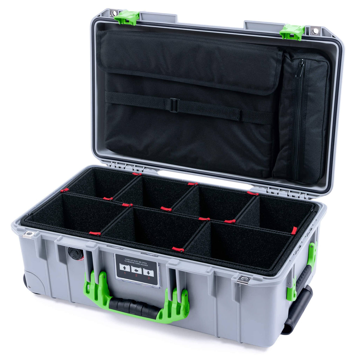 Pelican 1535 Air Case, Silver with Lime Green Handles &amp; Latches TrekPak Divider System with Laptop Computer Lid Pouch ColorCase 015350-0220-180-301