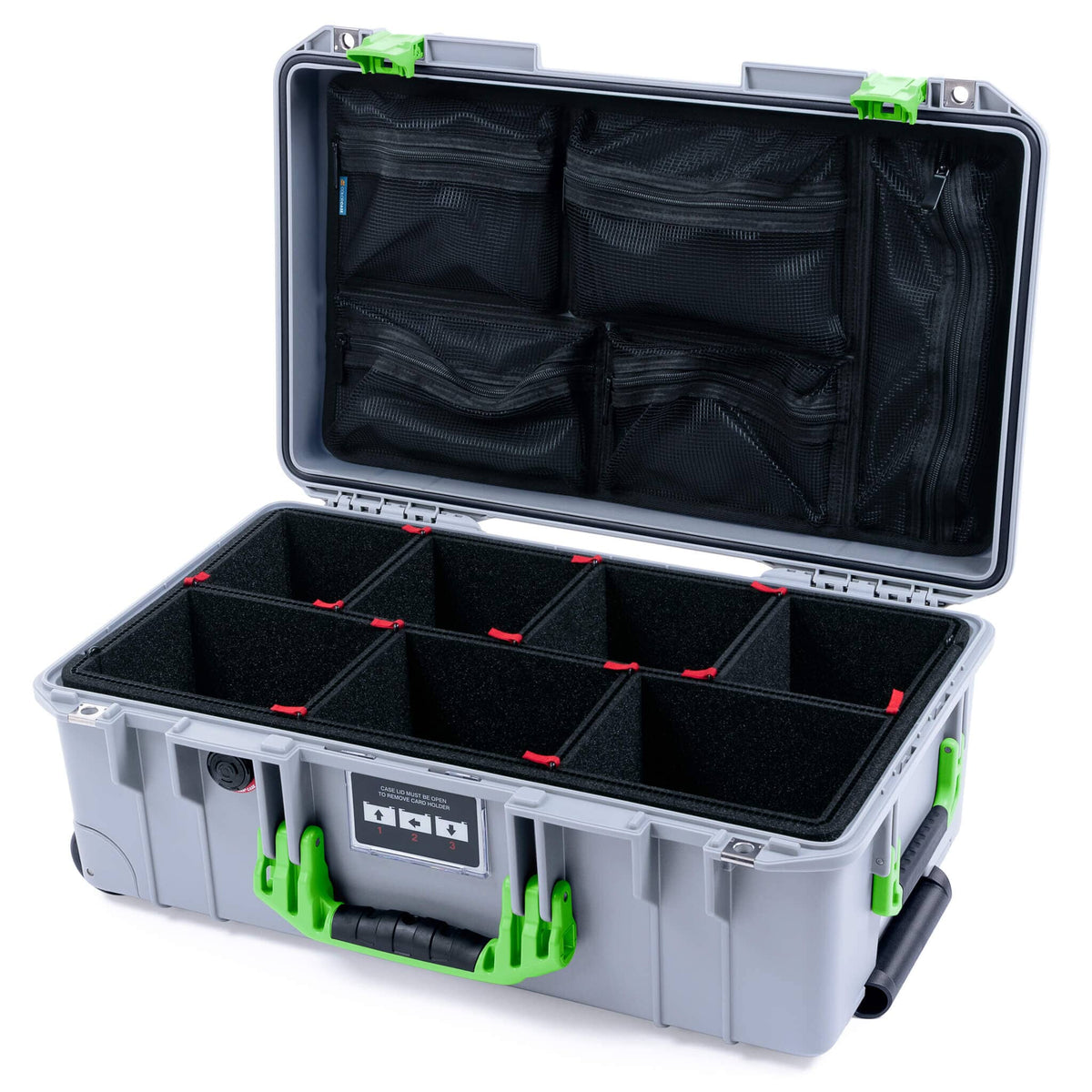 Pelican 1535 Air Case, Silver with Lime Green Handles &amp; Latches TrekPak Divider System with Mesh Lid Organizer ColorCase 015350-0120-180-301