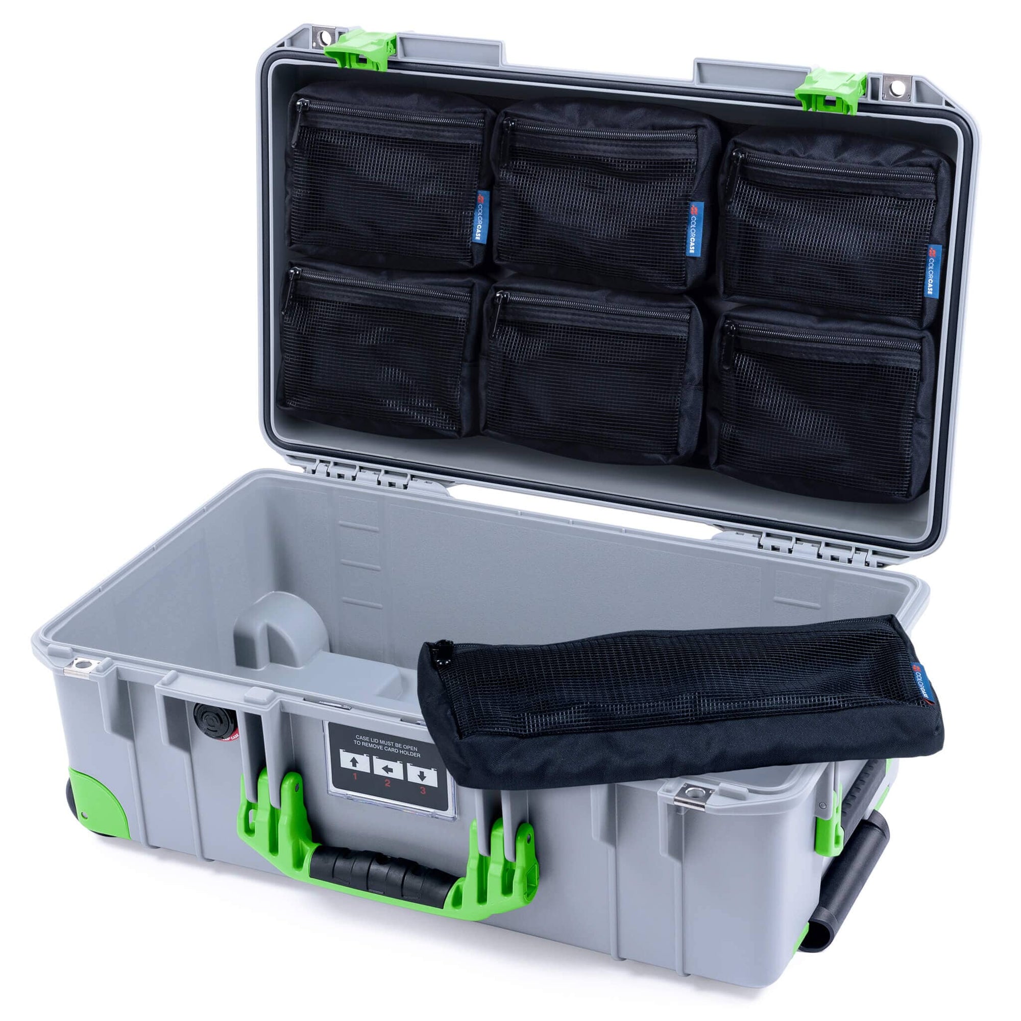 Pelican 1535 Air Case, Silver with Lime Green Handles, Latches & Trolley 7-Piece Removable Mesh Pouches Only ColorCase 015350-0700-180-301-300