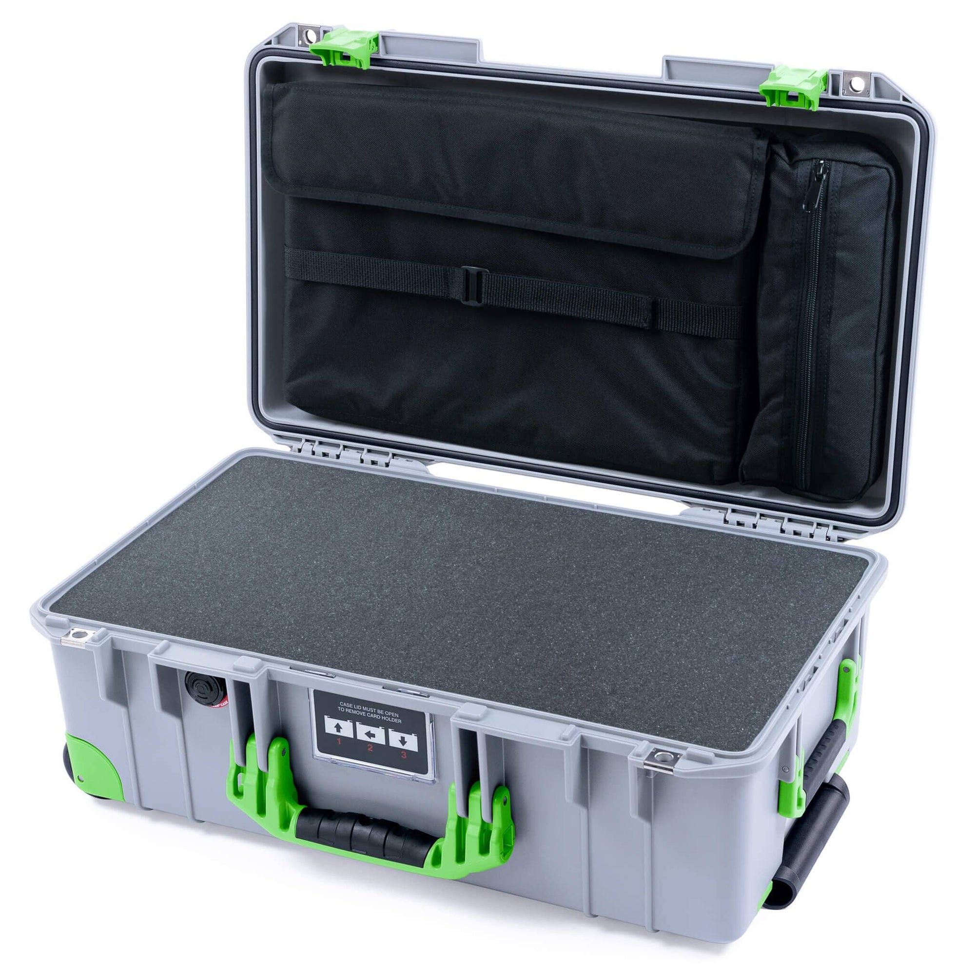 Pelican 1535 Air Case, Silver with Lime Green Handles, Latches & Trolley Pick & Pluck Foam with Laptop Computer Lid Pouch ColorCase 015350-0201-180-301-300