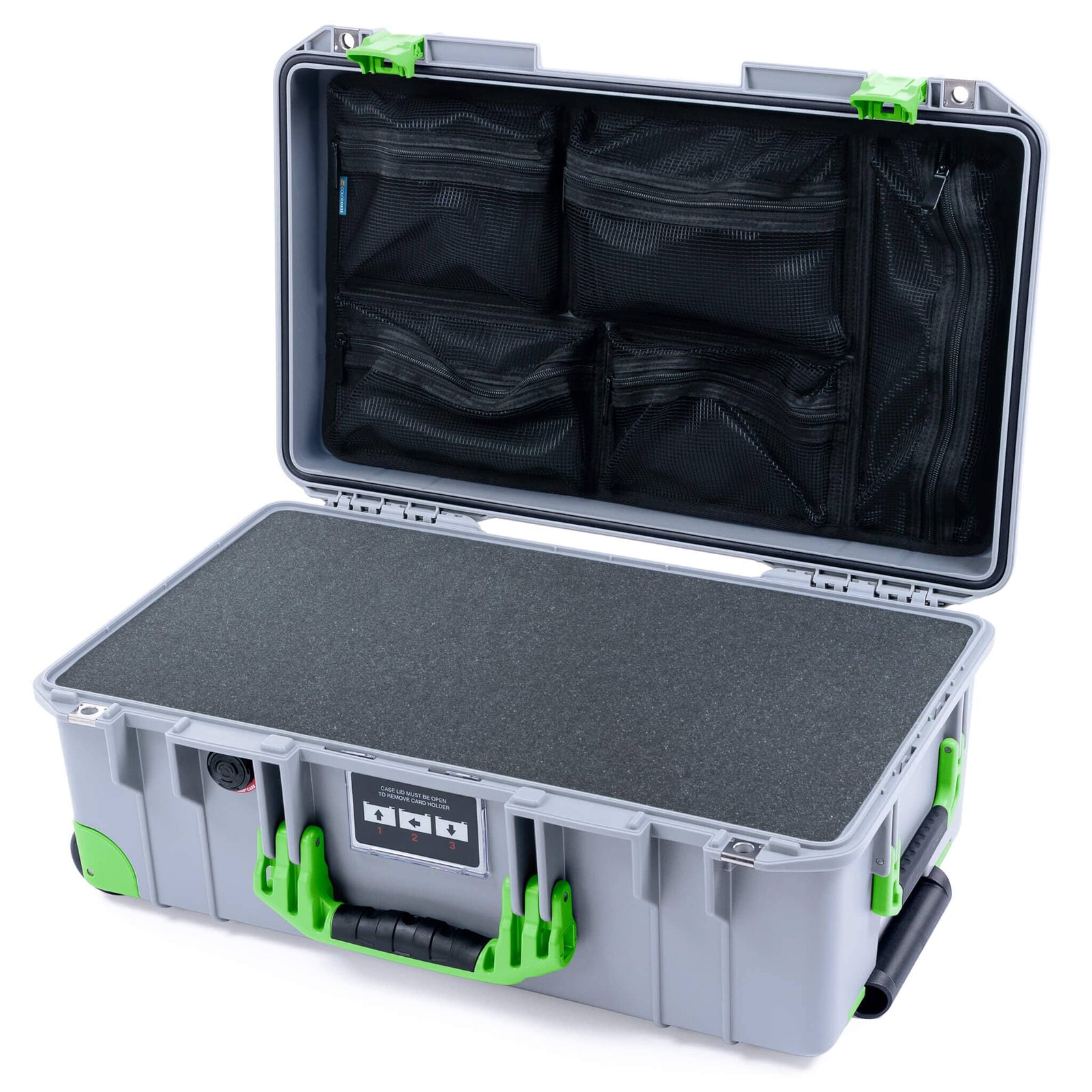 Pelican 1535 Air Case, Silver with Lime Green Handles, Latches & Trolley Pick & Pluck Foam with Mesh Lid Organizer ColorCase 015350-0101-180-301-300
