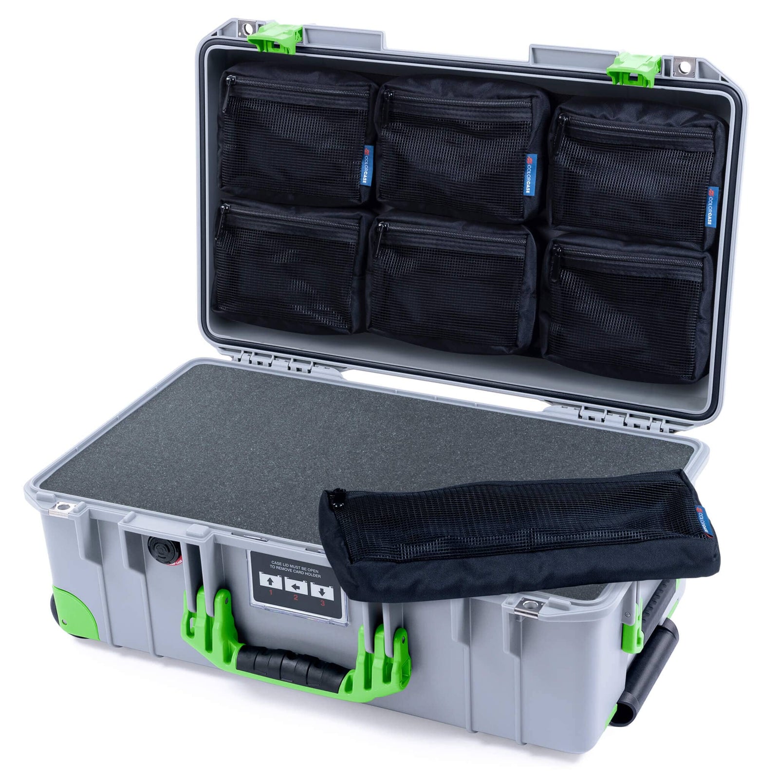 Pelican 1535 Air Case, Silver with Lime Green Handles, Latches & Trolley Pick & Pluck Foam with 7-Piece Removable Mesh Pouches ColorCase 015350-0701-180-301-300
