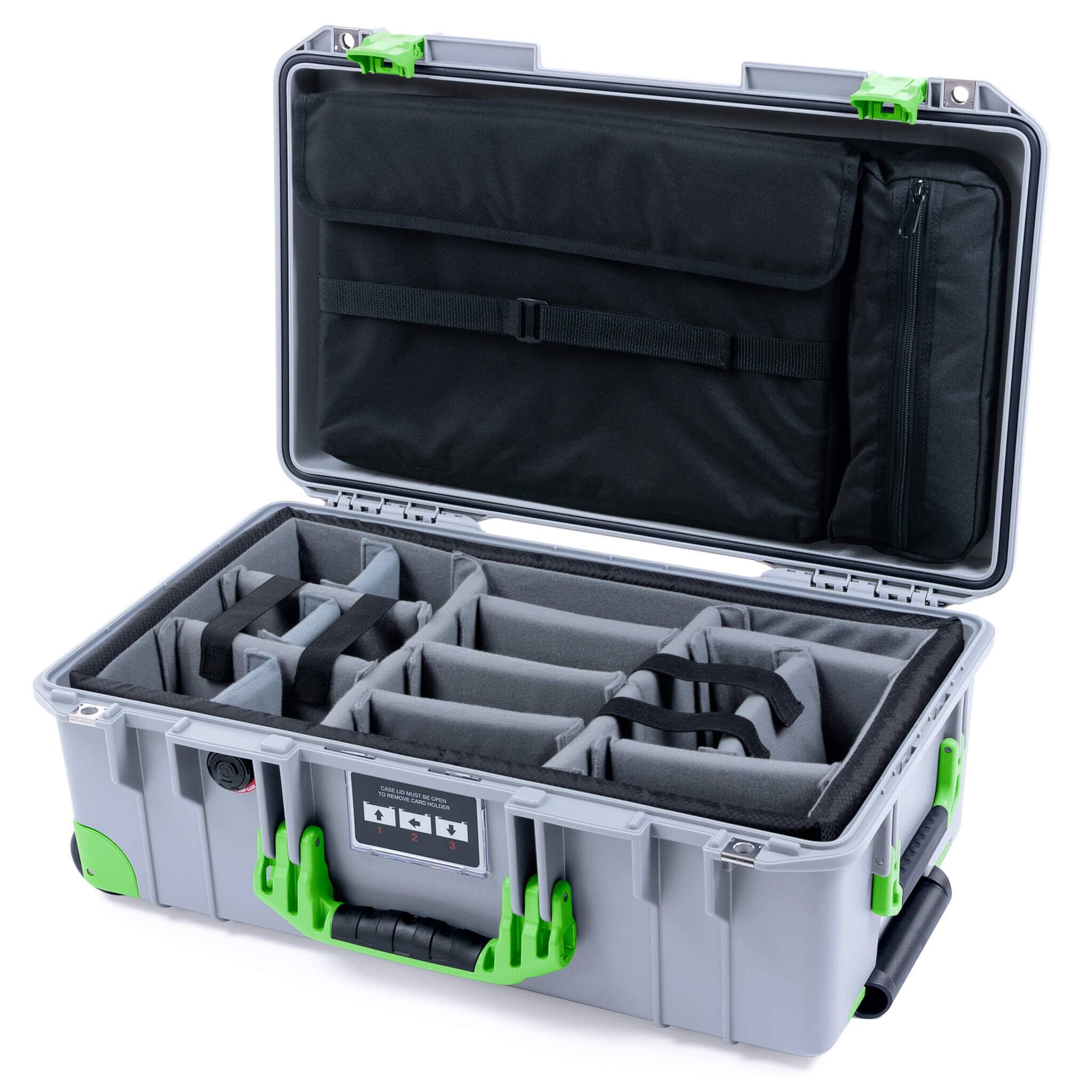 Pelican 1535 Air Case, Silver with Lime Green Handles, Latches & Trolley Gray Padded Microfiber Dividers with Laptop Computer Lid Pouch ColorCase 015350-0270-180-301-300