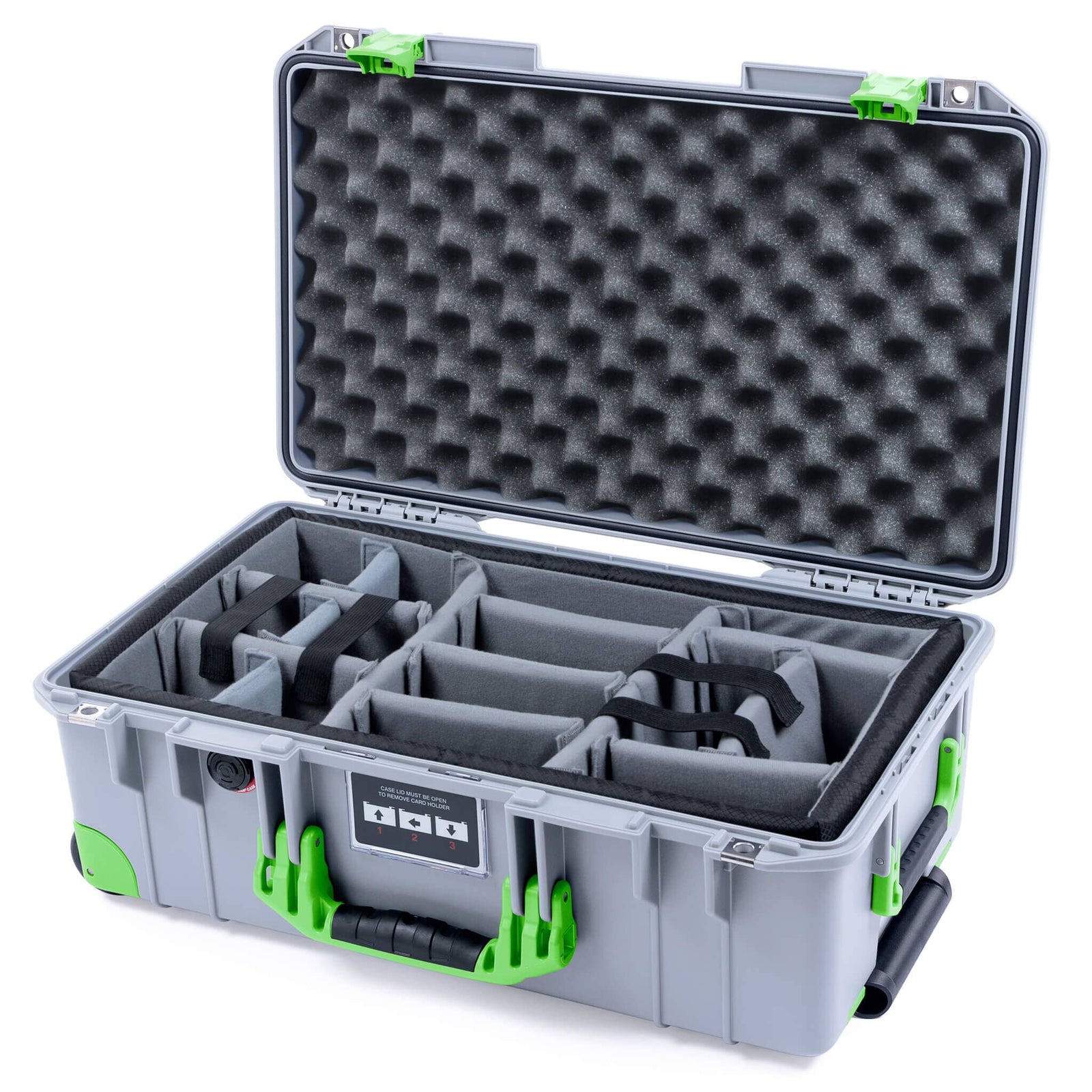 Pelican 1535 Air Case, Silver with Lime Green Handles, Latches & Trolley Gray Padded Microfiber Dividers with Convoluted Lid Foam ColorCase 015350-0070-180-301-300