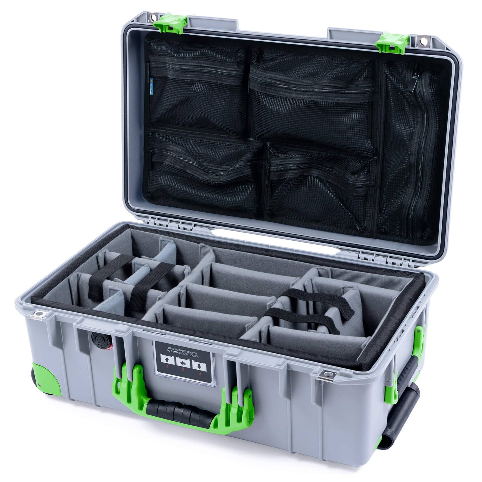 Pelican 1535 Air Case, Silver with Lime Green Handles, Latches & Trolley Gray Padded Microfiber Dividers with Mesh Lid Organizer ColorCase 015350-0170-180-301-300