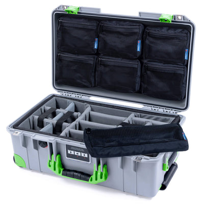 Pelican 1535 Air Case, Silver with Lime Green Handles, Latches & Trolley Gray Padded Microfiber Dividers with 7-Piece Removable Mesh Pouches ColorCase 015350-0770-180-301-300