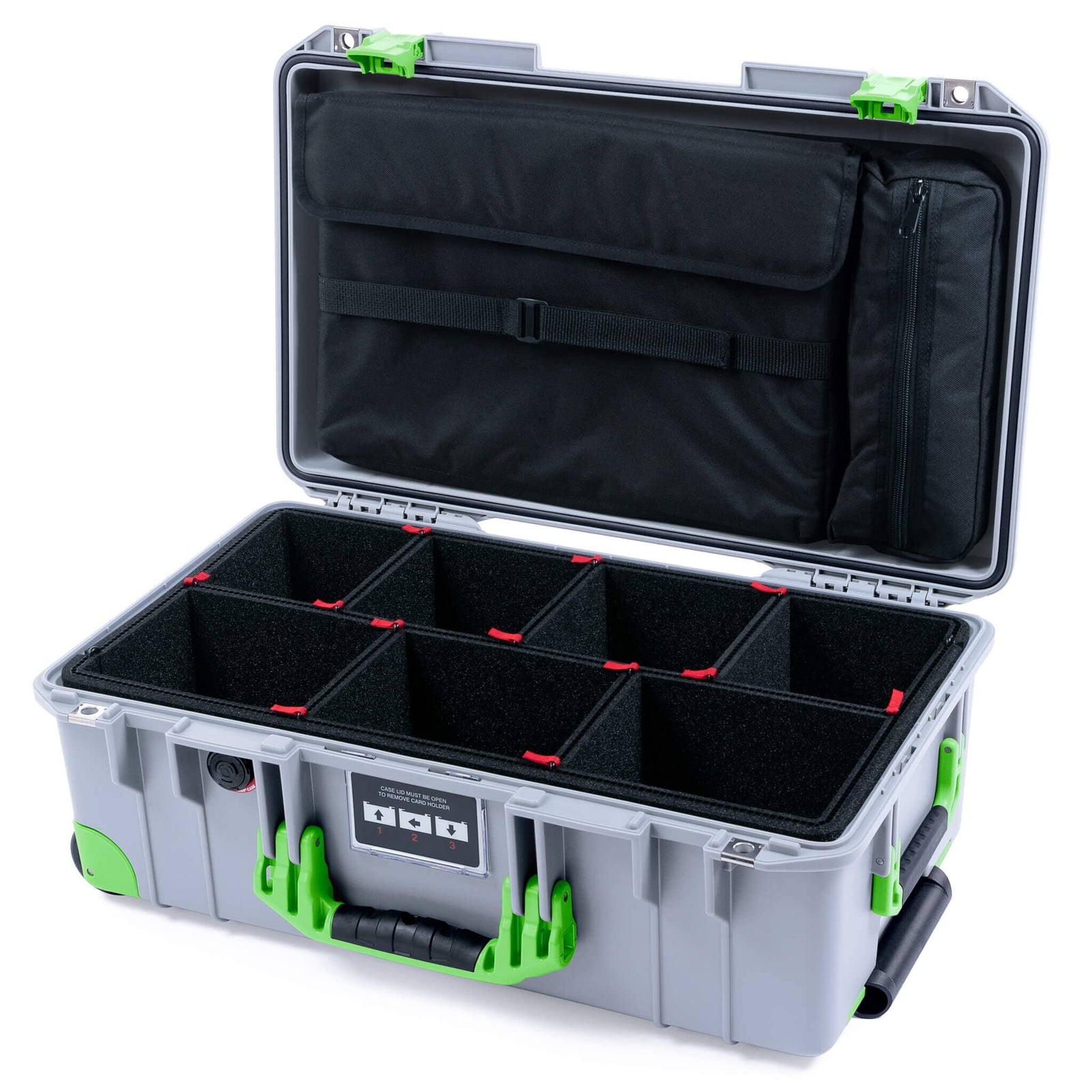 Pelican 1535 Air Case, Silver with Lime Green Handles, Latches & Trolley TrekPak Divider System with Laptop Computer Lid Pouch ColorCase 015350-0220-180-301-300