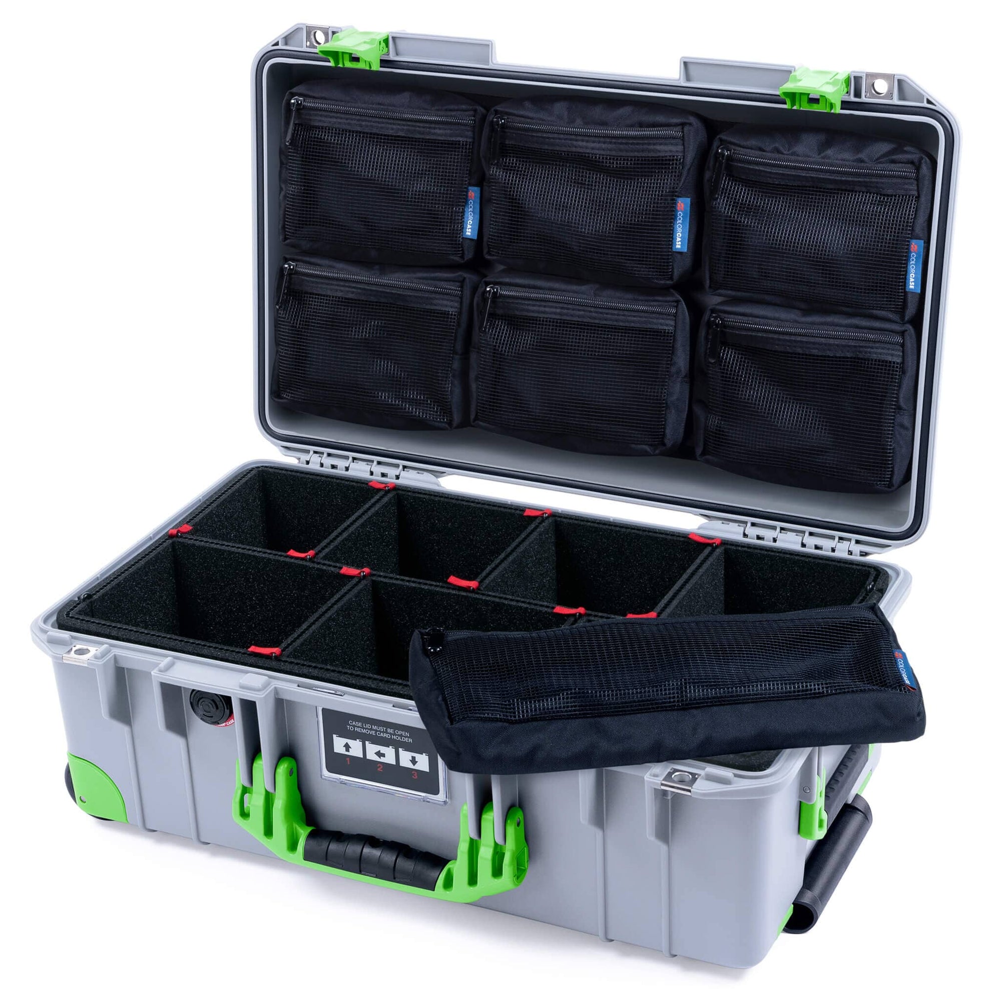 Pelican 1535 Air Case, Silver with Lime Green Handles, Latches & Trolley TrekPak Divider System with 7-Piece Removable Mesh Pouches ColorCase 015350-0720-180-301-300