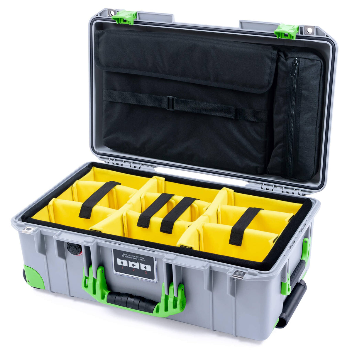 Pelican 1535 Air Case, Silver with Lime Green Handles, Latches &amp; Trolley Yellow Padded Microfiber Dividers with Laptop Computer Lid Pouch ColorCase 015350-0210-180-301-300