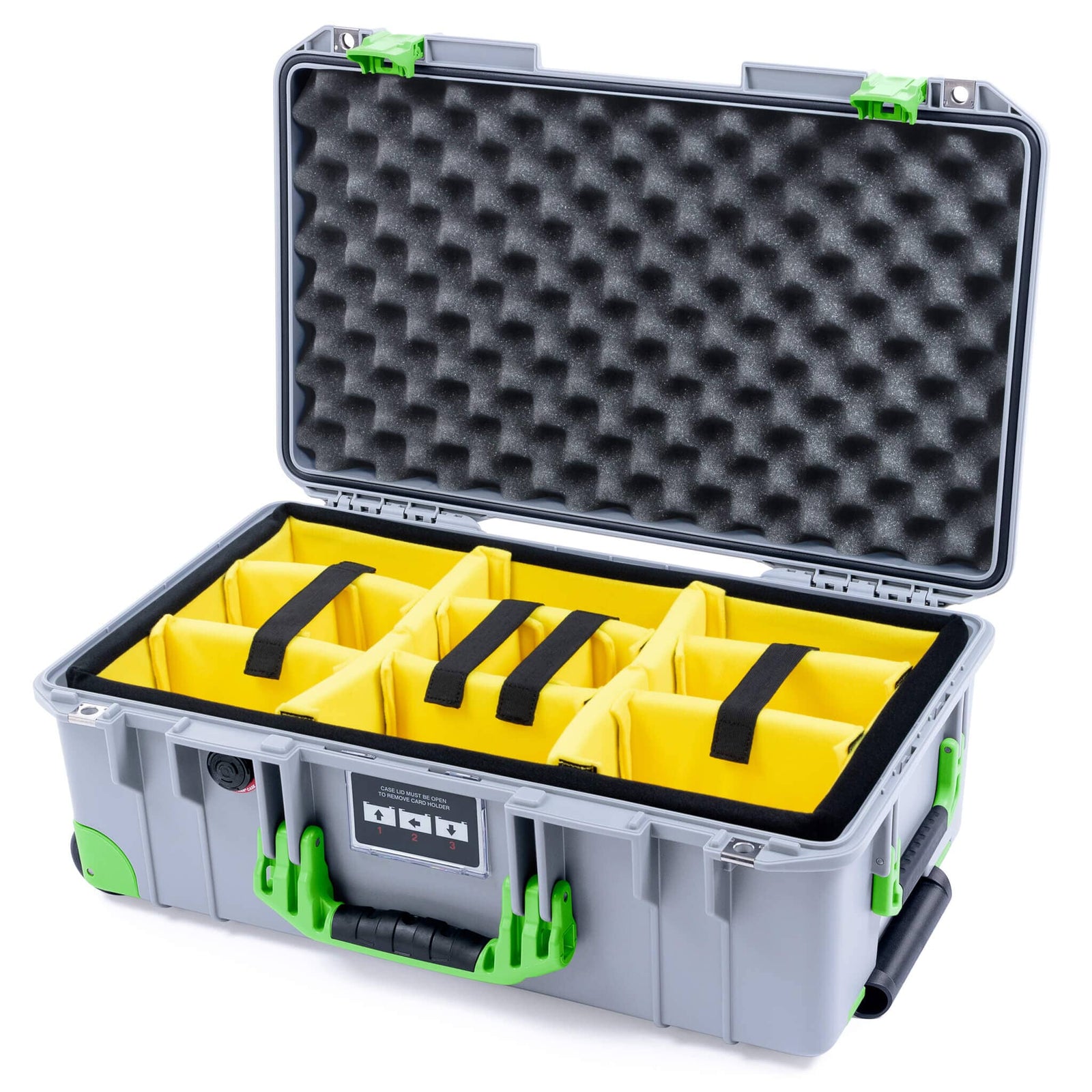 Pelican 1535 Air Case, Silver with Lime Green Handles, Latches & Trolley Yellow Padded Microfiber Dividers with Convoluted Lid Foam ColorCase 015350-0010-180-301-300